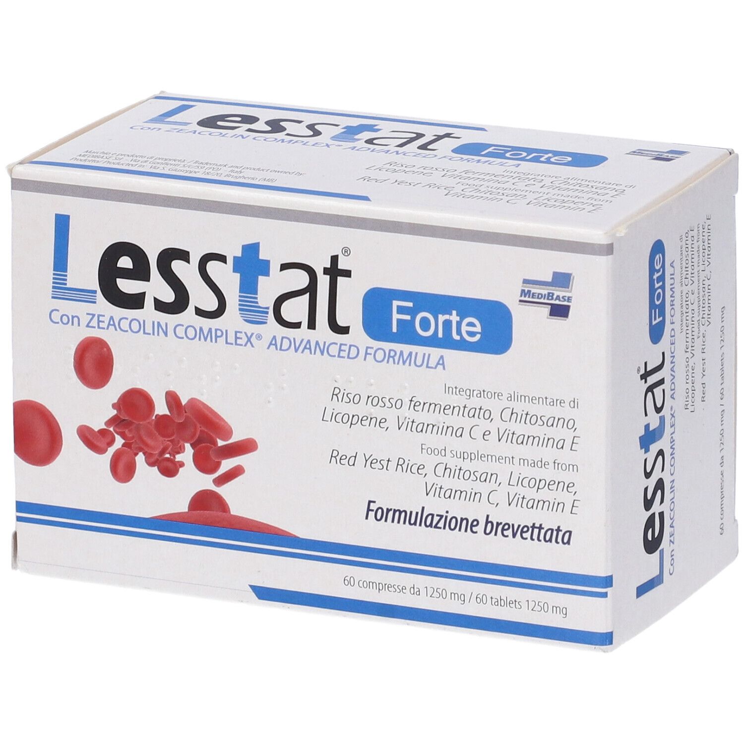 Confezione Lesstat Forte. Scatola bianca con testo blu. Contiene 60 compresse. Compresse rotonde rosse illustrate.