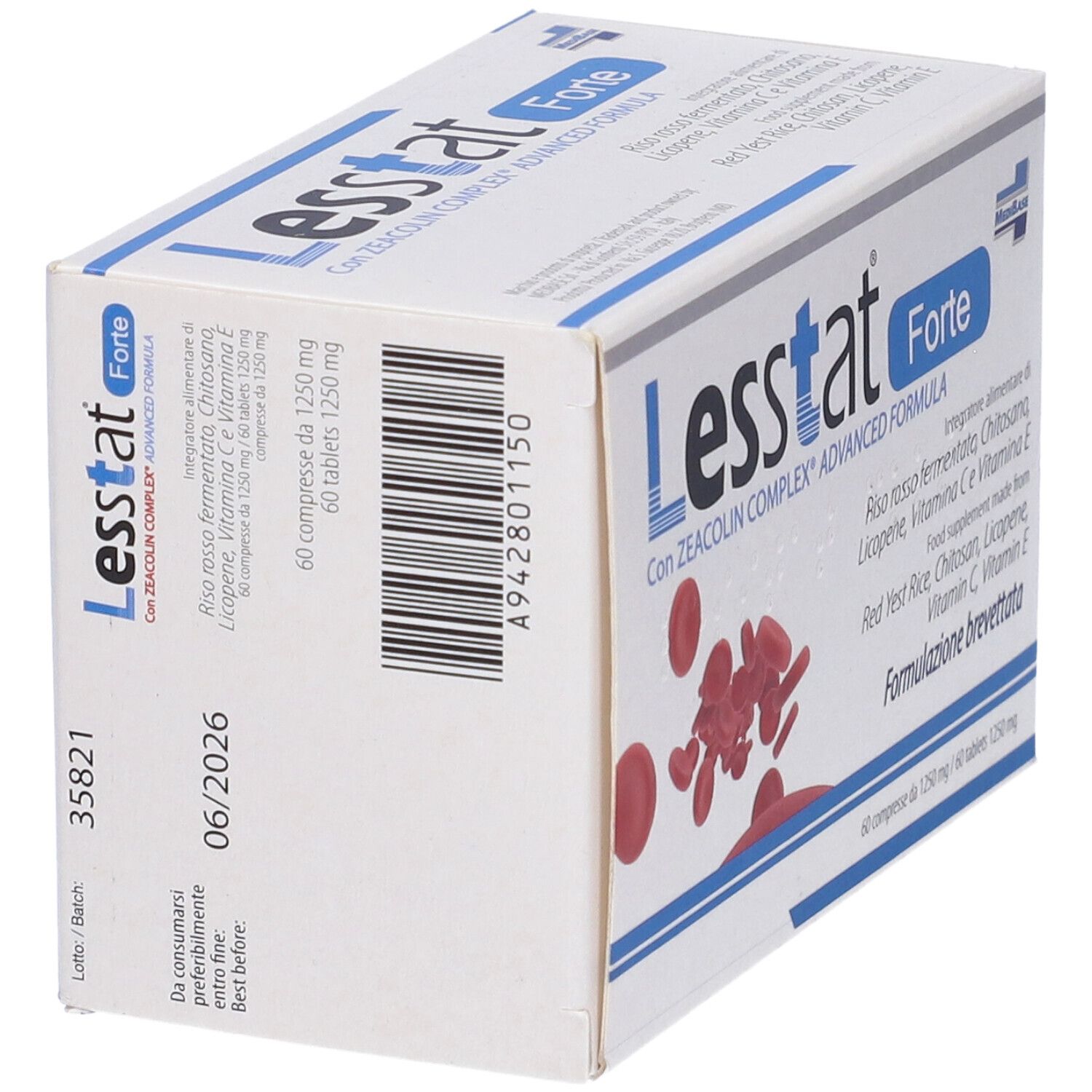 Confezione Lesstat Forte. Scatola bianca con testo blu. Contiene 60 compresse. Compresse rotonde rosse illustrate.