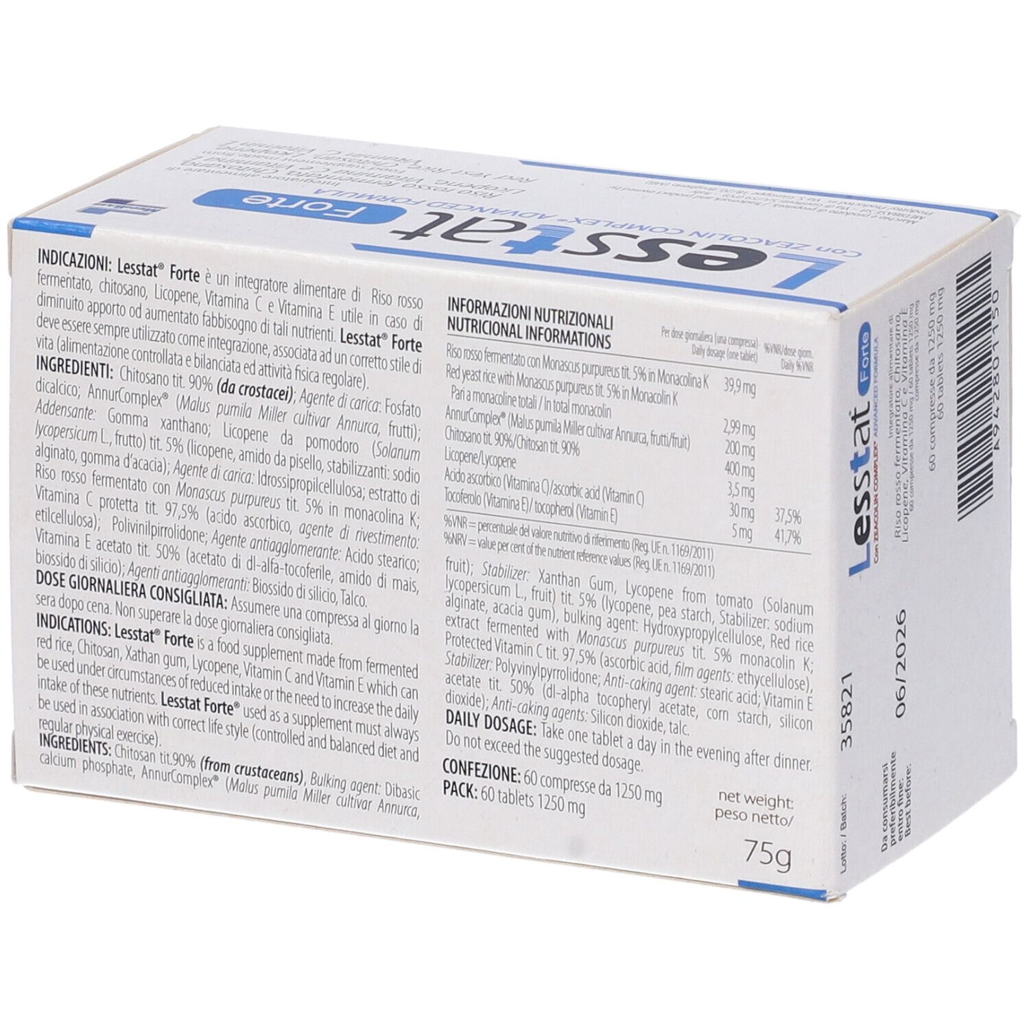 Confezione Lesstat Forte. Scatola bianca con testo blu. Contiene 60 compresse. Compresse rotonde rosse illustrate.