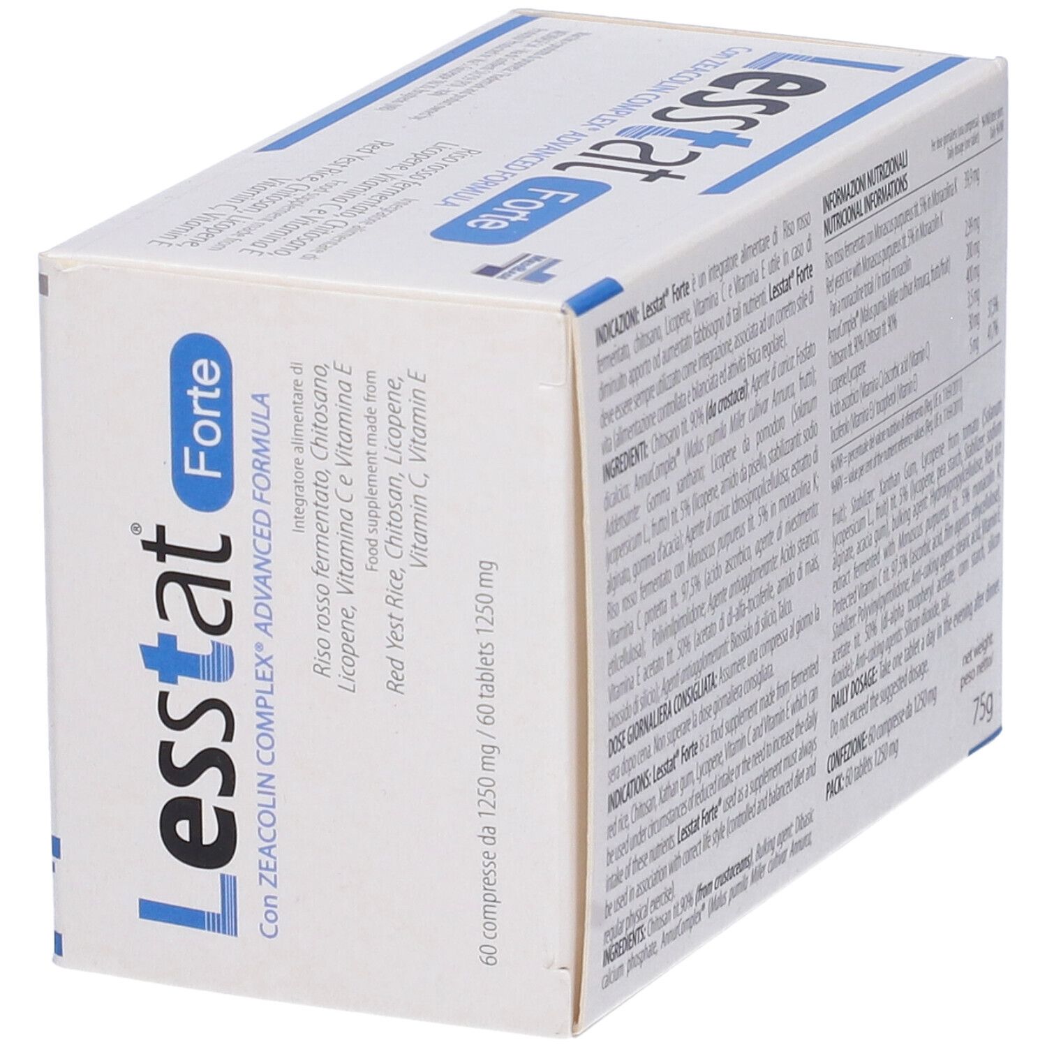 Confezione Lesstat Forte. Scatola bianca con testo blu. Contiene 60 compresse. Compresse rotonde rosse illustrate.