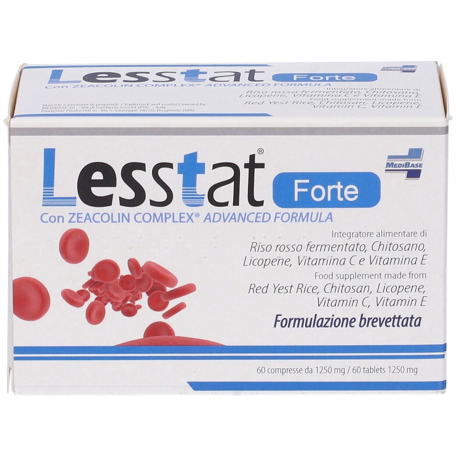 Confezione Lesstat Forte. Scatola bianca con testo blu. Contiene 60 compresse. Compresse rotonde rosse illustrate.