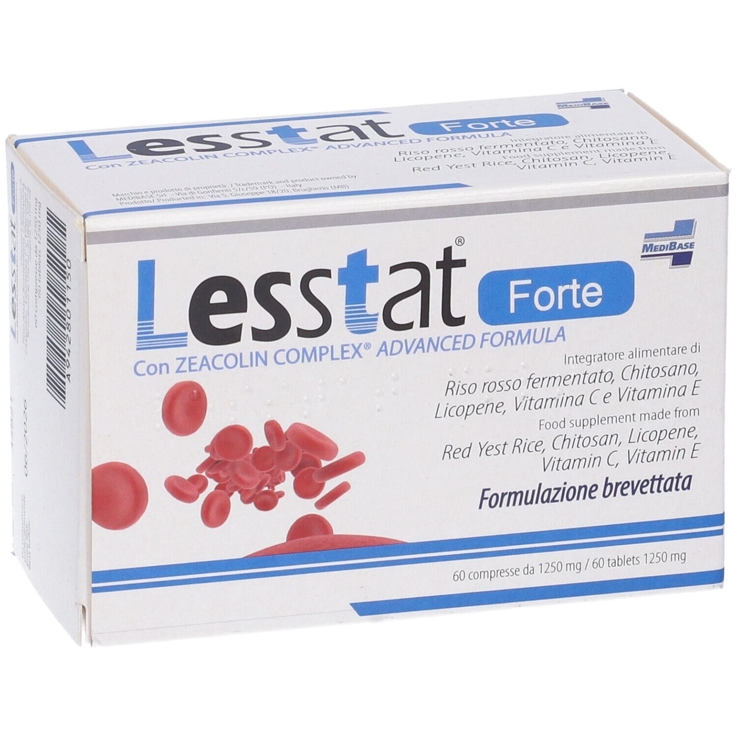 Confezione Lesstat Forte. Scatola bianca con testo blu. Contiene 60 compresse. Compresse rotonde rosse illustrate.