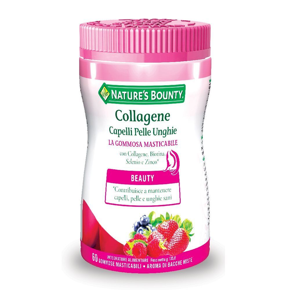 Flacone rosa. Scritta: Nature's Bounty Collagene Capelli Pelle Unghie. 60 caramelle gommose. Fragole e mirtilli.