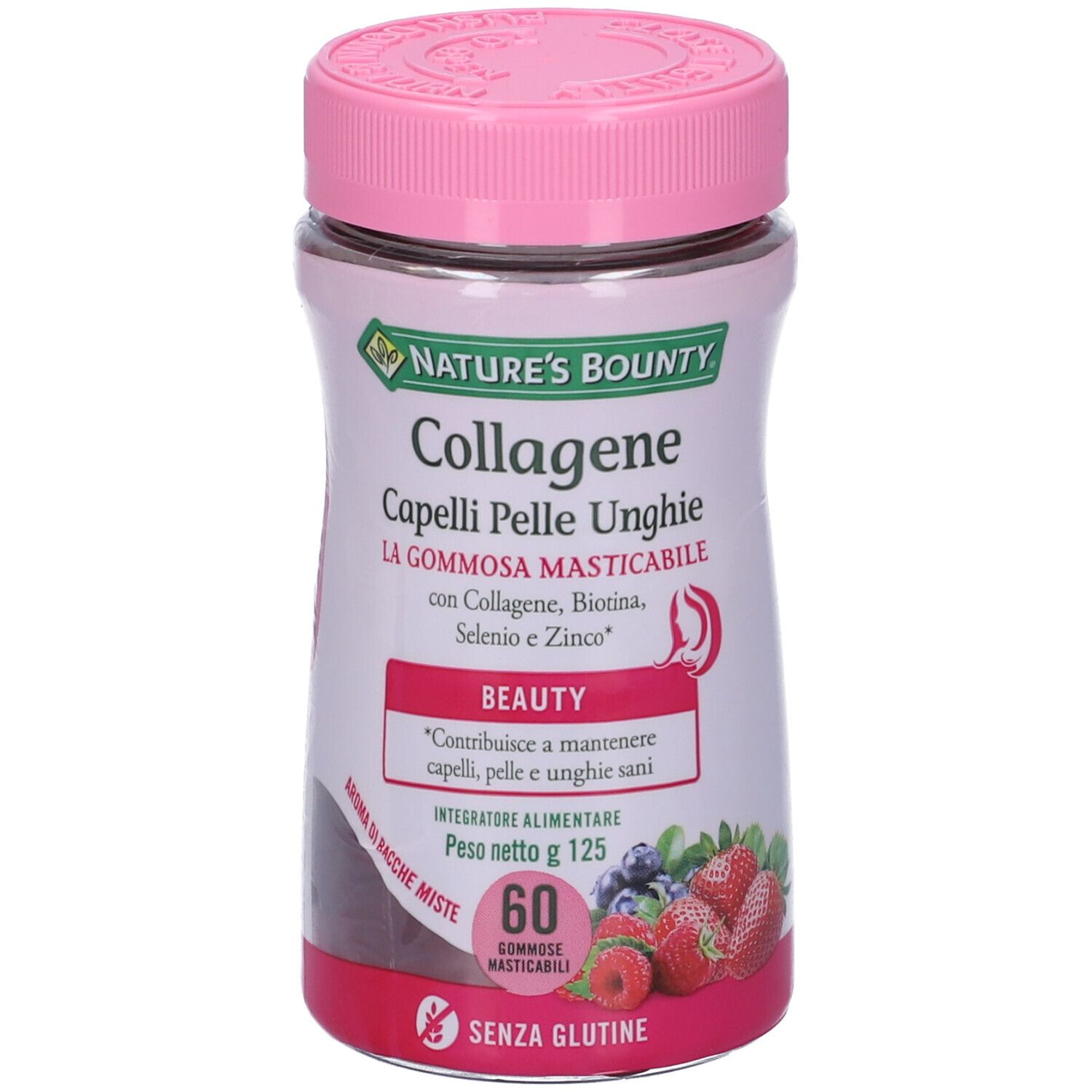 Coperchio rosa, flacone con scritta: Nature's Bounty Collagene Capelli Pelle Unghie. 60 caramelle gommose. Senza glutine. Fragole e mirtilli.