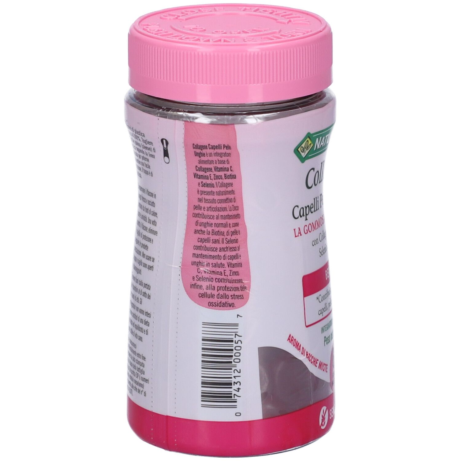 Retro del flacone. Testo: Collagene Capelli Pelle Unghie. Ingredienti e informazioni nutrizionali. Coperchio e base rosa.