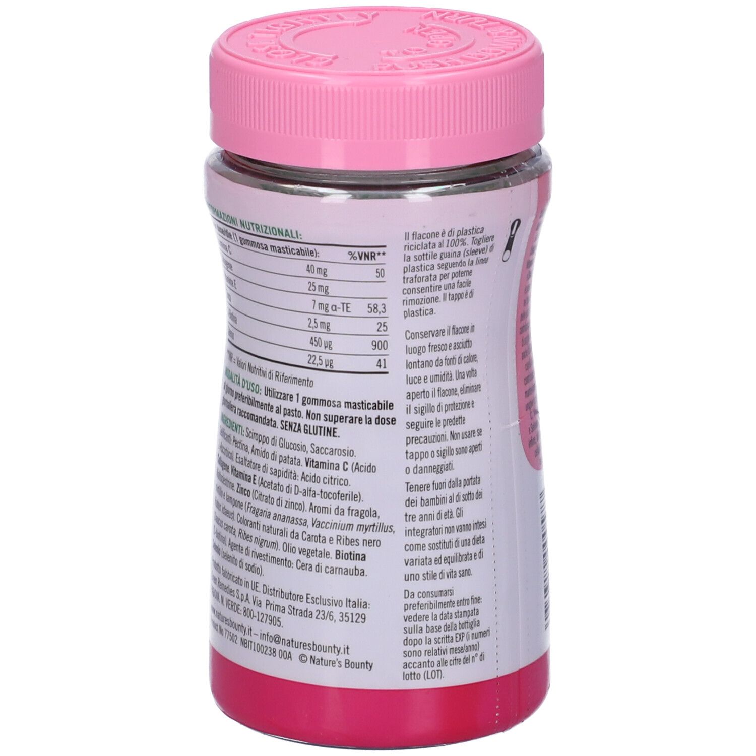 Retro del flacone. Informazioni nutrizionali e ingredienti. Coperchio e base rosa. Testo: Nature's Bounty.
