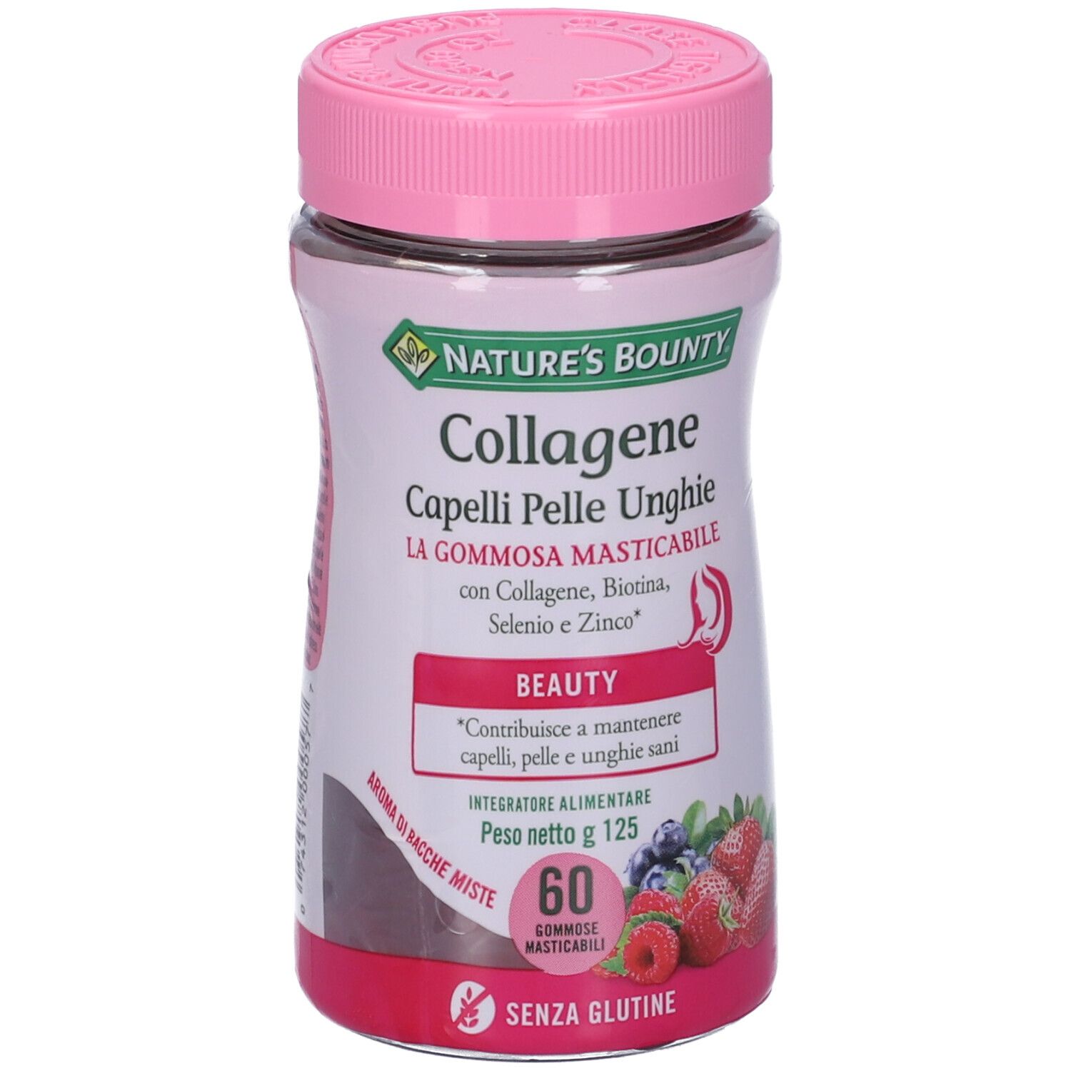 Flacone con coperchio rosa. Scritta: Nature's Bounty Collagene Capelli Pelle Unghie. 60 caramelle gommose. Fragole e mirtilli.