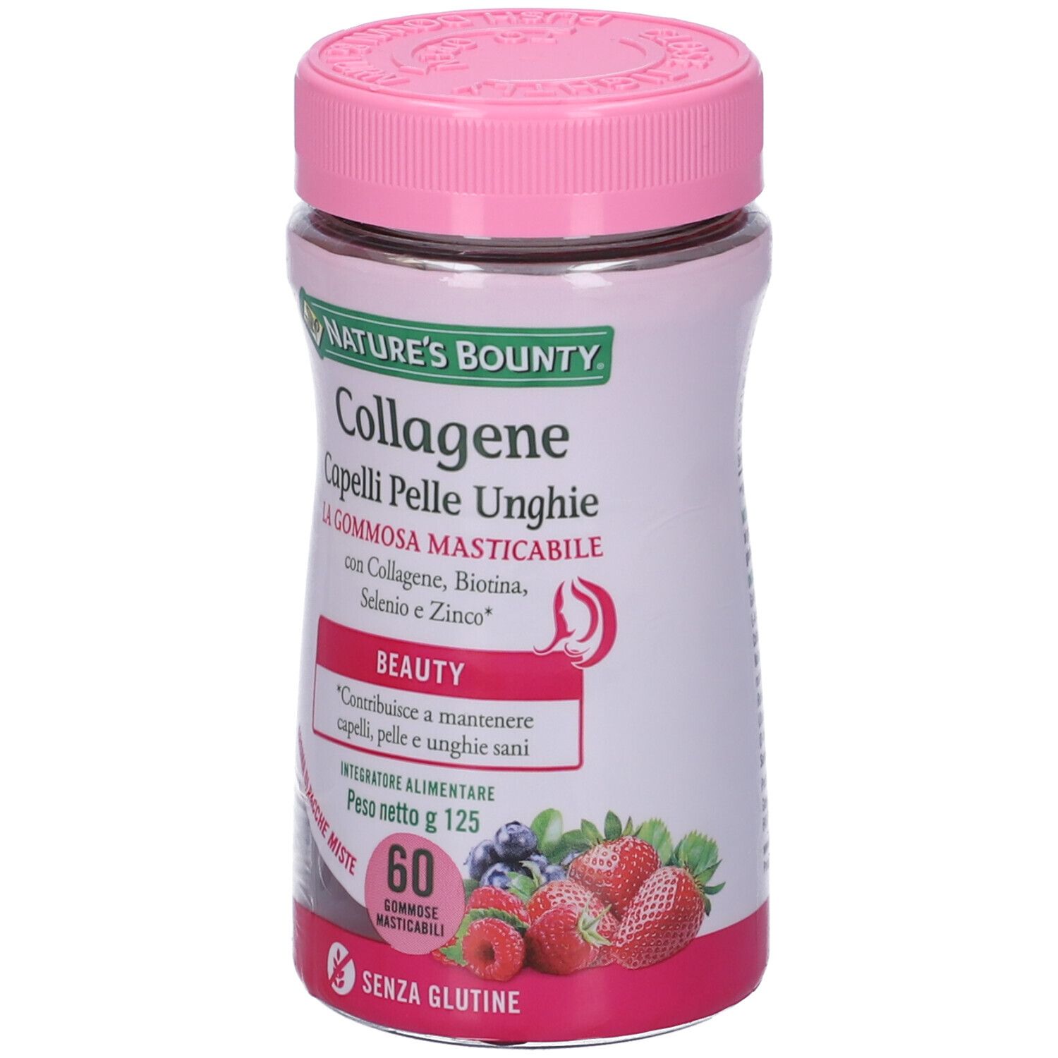Flacone con coperchio rosa. Scritta: Nature's Bounty Collagene Capelli Pelle Unghie. 60 caramelle gommose. Fragole e mirtilli.