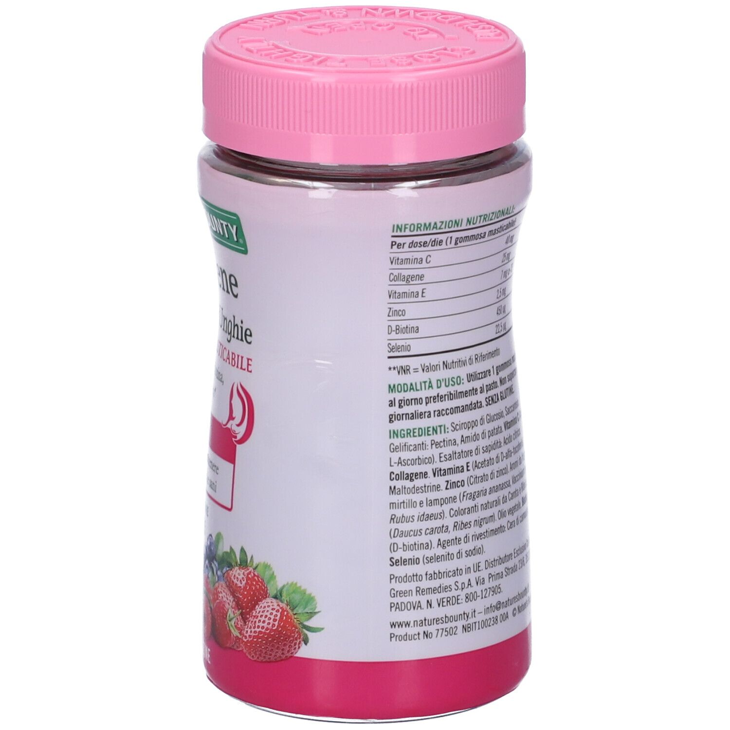 Retro del flacone. Scritta: Collagene Capelli Pelle Unghie. Ingredienti e informazioni nutrizionali. Fragole e mirtilli.