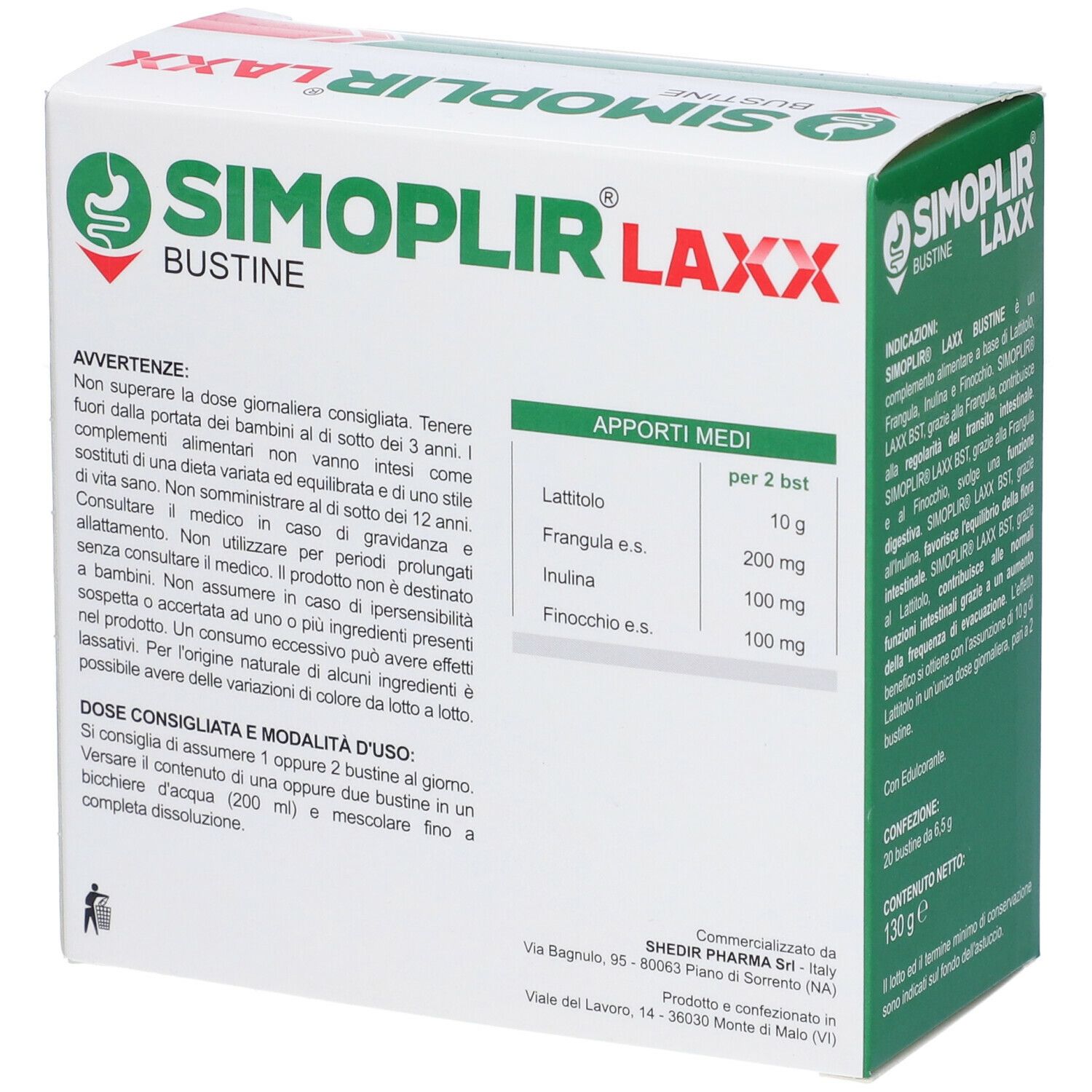 Confezione del prodotto. Scatola verde e bianca con nome e logo del prodotto. Contiene informazioni su ingredienti e uso.