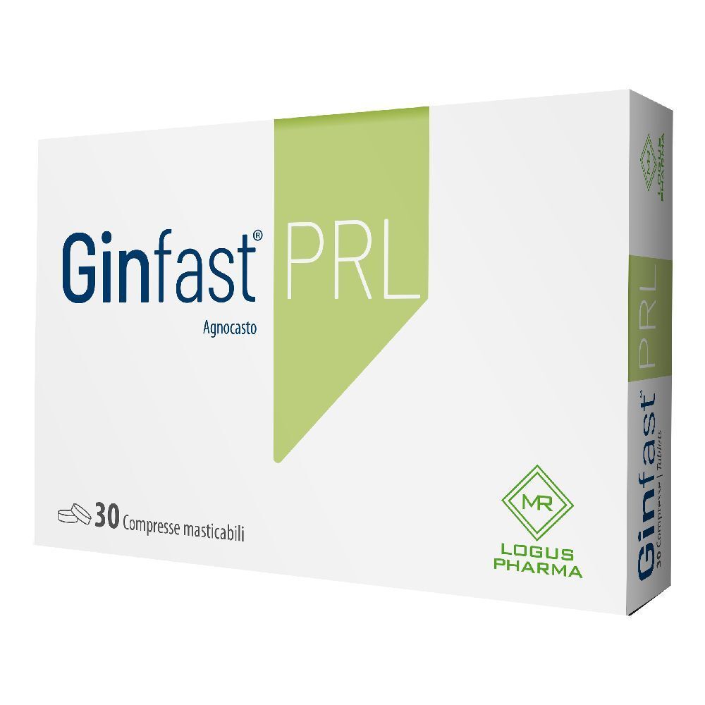 Scatola di Ginfast PRL, 30 compresse masticabili. Bianco con accento verde. Logo MR e Logus Pharma.