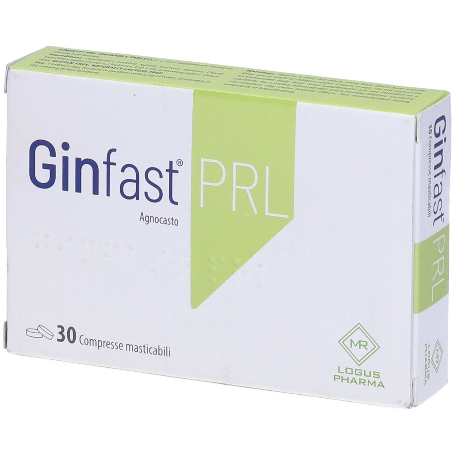 Scatola di Ginfast PRL, 30 compresse masticabili. Bianco con accento verde. Logo MR e Logus Pharma.