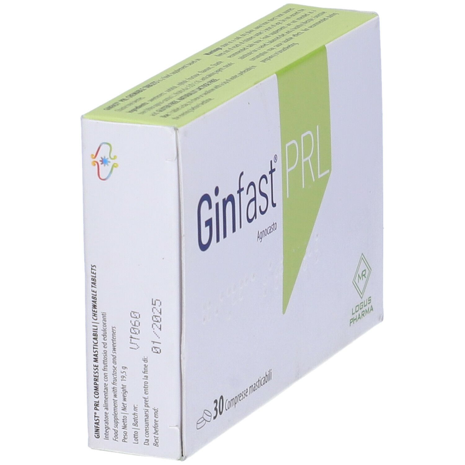 Scatola Ginfast PRL, 30 compresse masticabili. Bianco con accento verde. Logo MR e Logus Pharma. Vista obliqua.