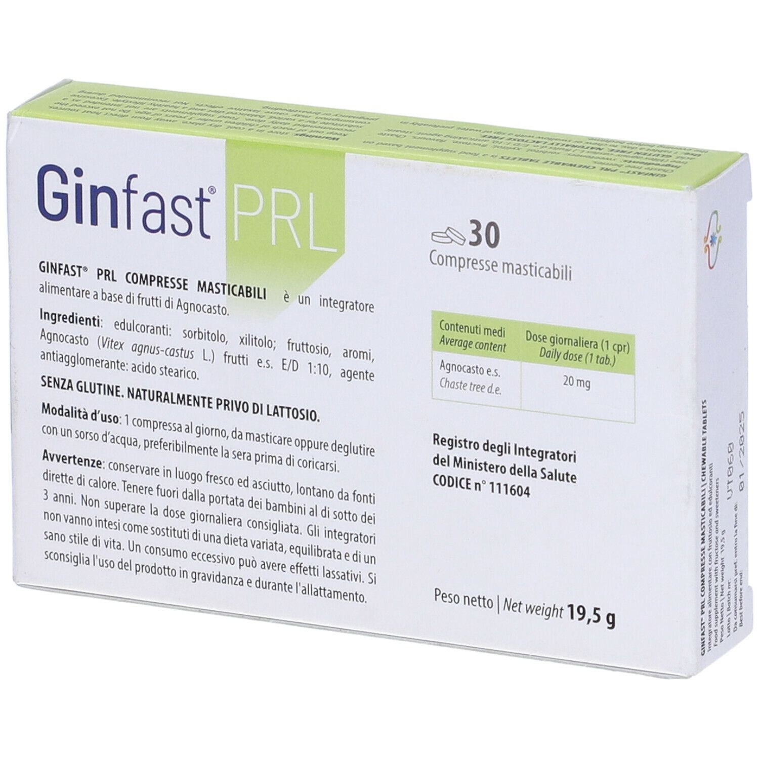 Scatola Ginfast PRL, 30 compresse masticabili. Testo e informazioni. Logo MR e Logus Pharma.