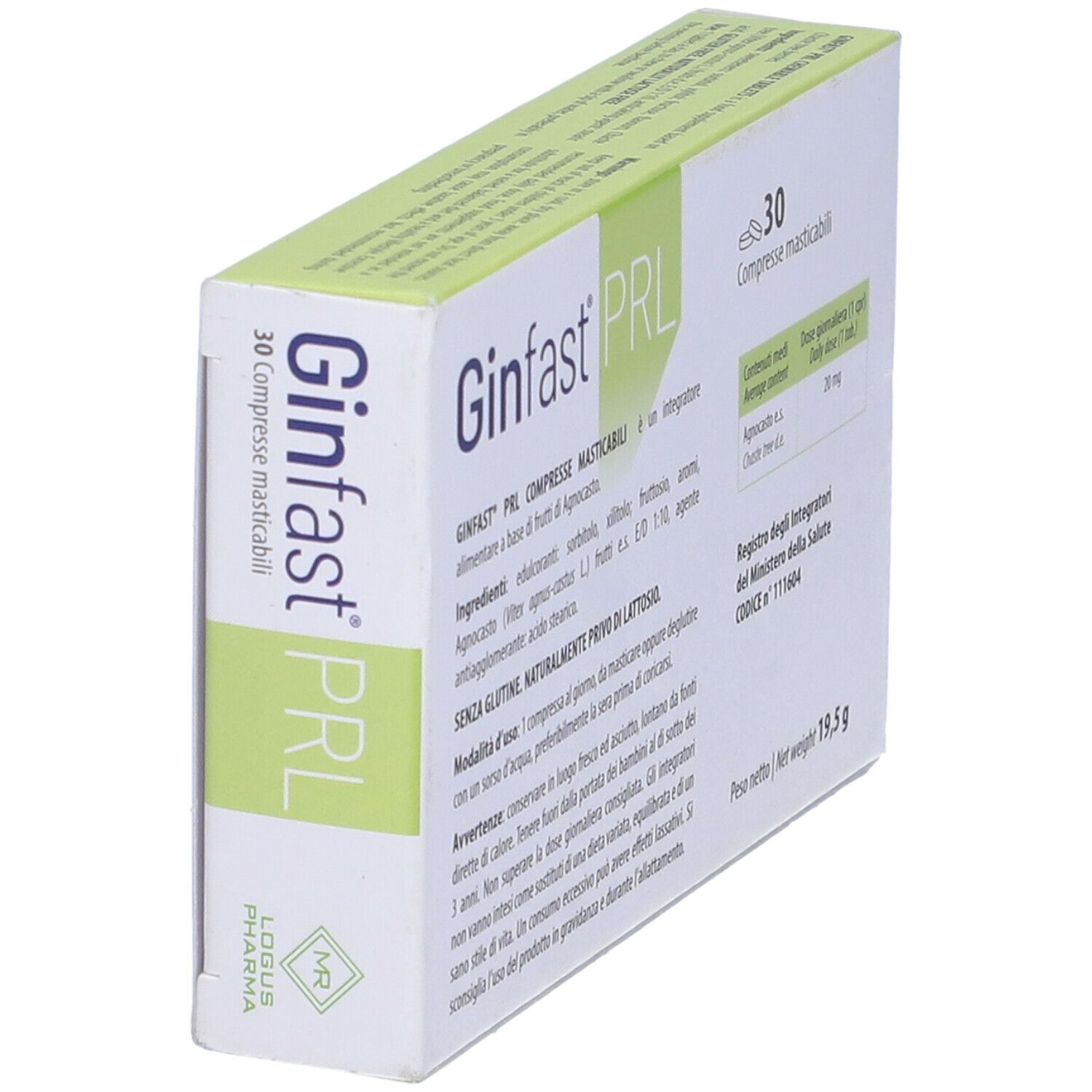 Scatola Ginfast PRL, 30 compresse masticabili. Testo e informazioni. Logo MR e Logus Pharma.