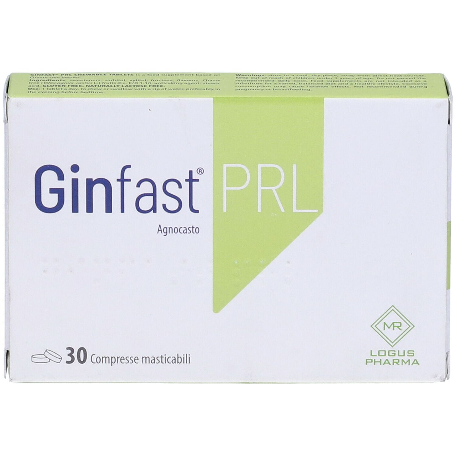 Scatola Ginfast PRL, 30 compresse masticabili. Bianco con accento verde. Logo MR e Logus Pharma.
