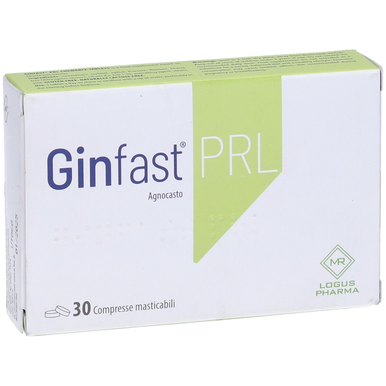 Scatola Ginfast PRL, 30 compresse masticabili. Bianco con accento verde. Logo MR e Logus Pharma.