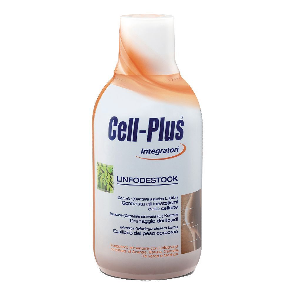 Bottiglia Cell-Plus Linfodestock. Contiene Centella, tè verde e Moringa. Design arancione e bianco.