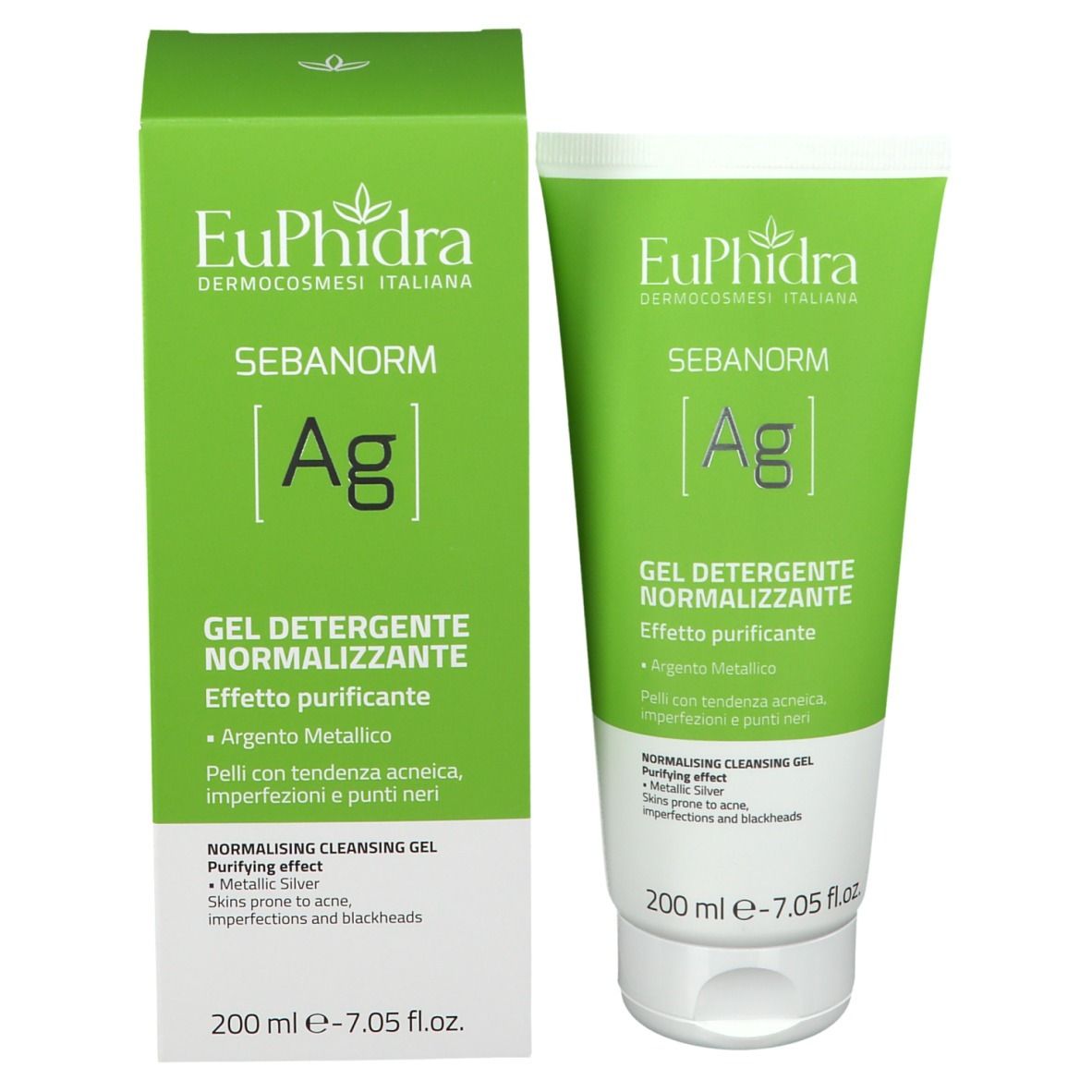Confezione del prodotto: tubo e scatola. Scritta: EuPhidra SEBANORM Ag. Gel detergente normalizzante. 200 ml.
