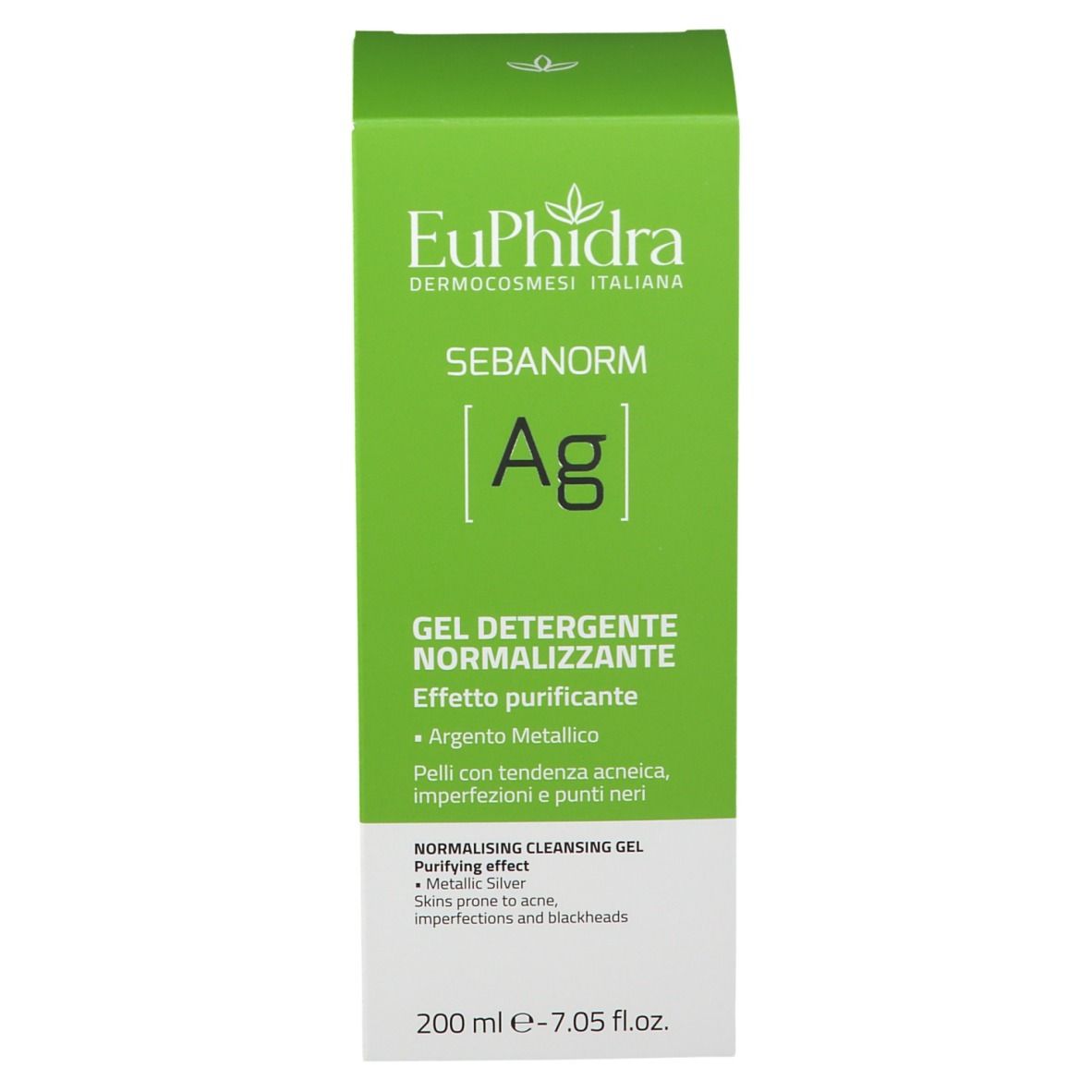 Scatola verde con base bianca. Scritta: EuPhidra SEBANORM Ag. Gel detergente normalizzante. 200 ml.