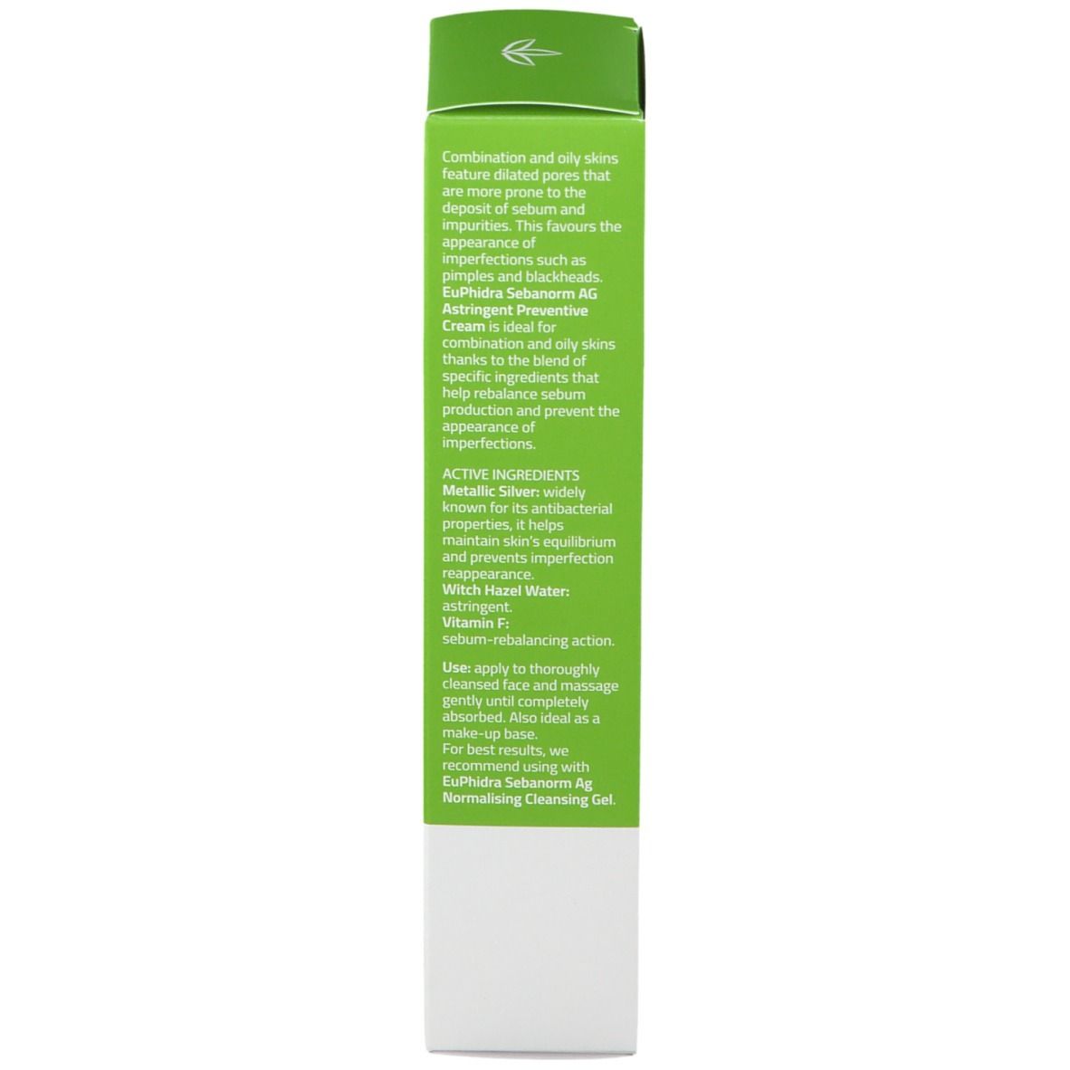 Rückseite der grünen Verpackung EuPhidra SEBANORM Ag Creme. Beschreibung für Mischhaut und fettige Haut. Enthält Inhaltsstoffe.
