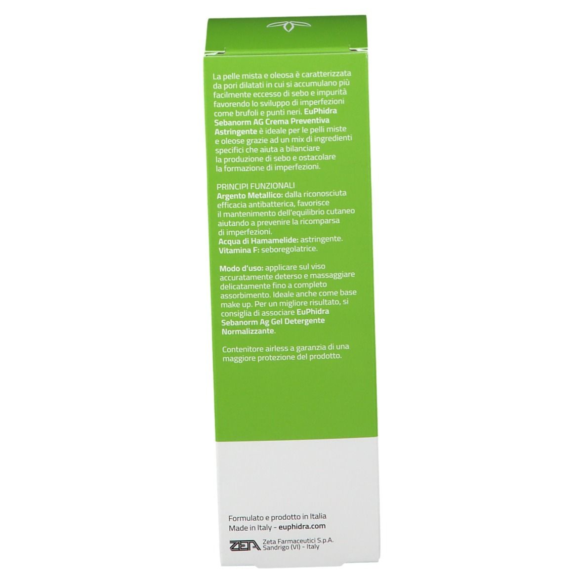 Rückseite der grünen Verpackung EuPhidra SEBANORM Ag Creme. Enthält Informationen zu Inhaltsstoffen und Hersteller. Hergestellt in Italien.