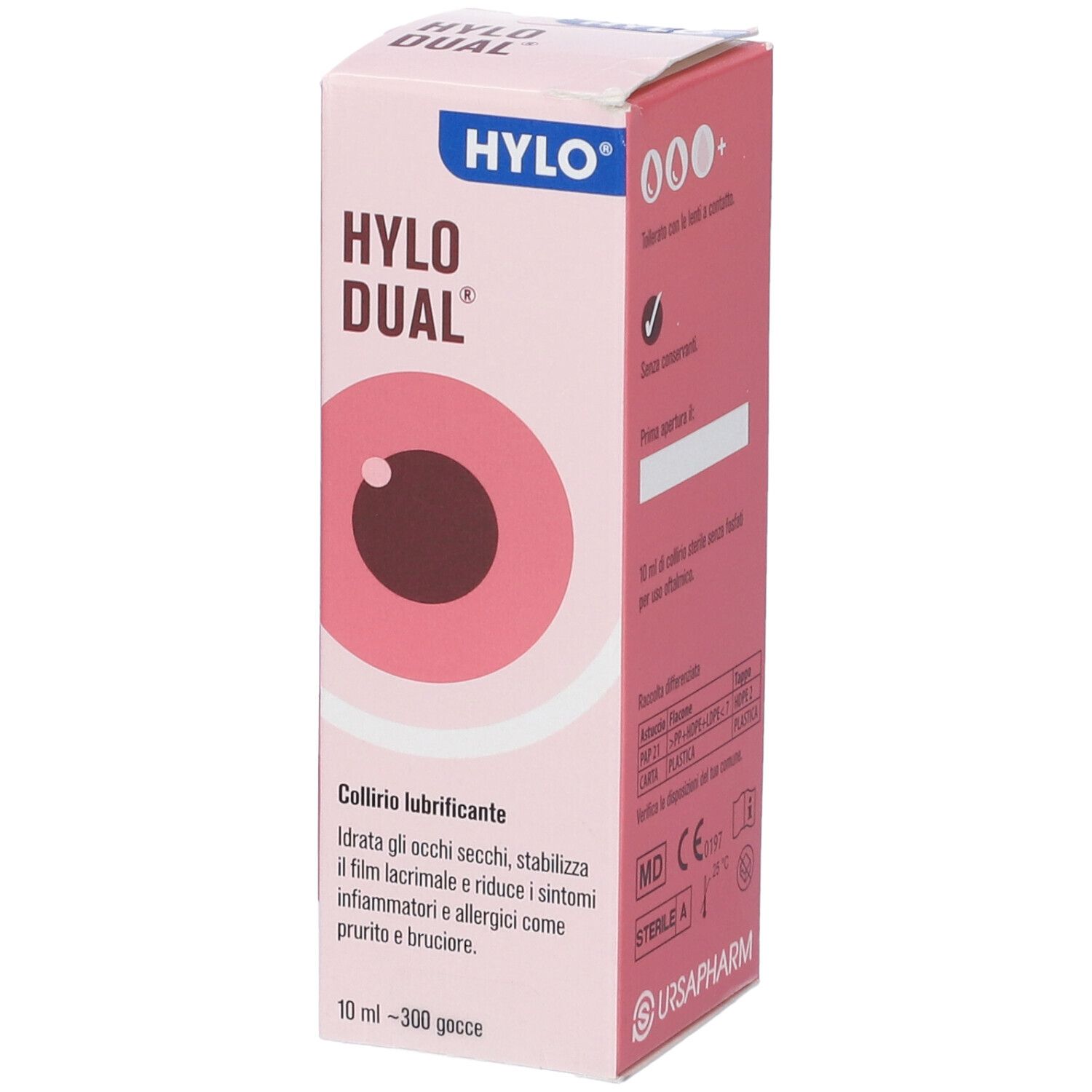Confezione rosa con nome prodotto e illustrazione occhio. Testo: Collirio lubrificante. 10 ml - 300 gocce.