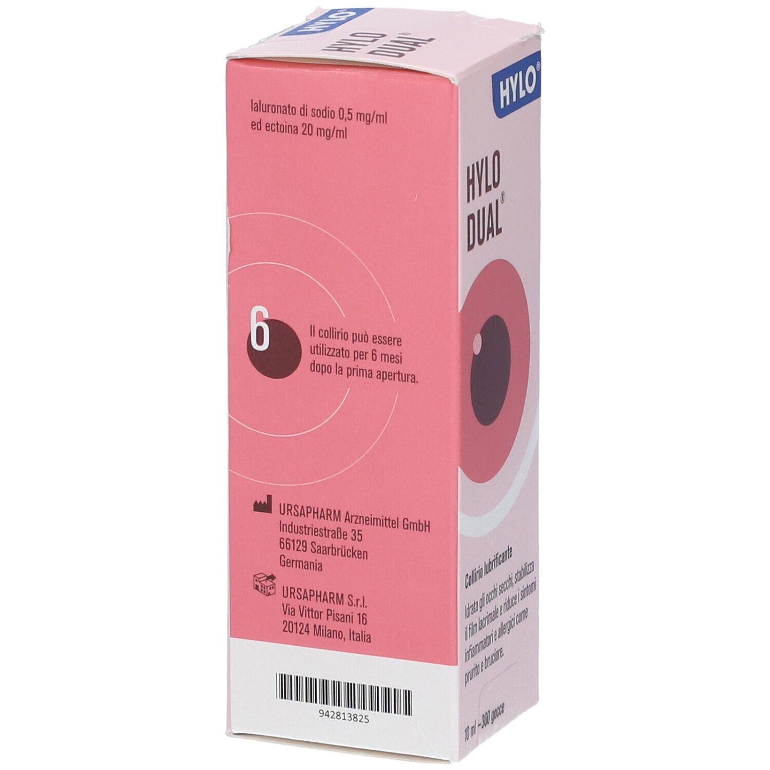 Confezione rosa con nome prodotto e illustrazione occhio. Testo: Collirio lubrificante. 10 ml - 300 gocce.