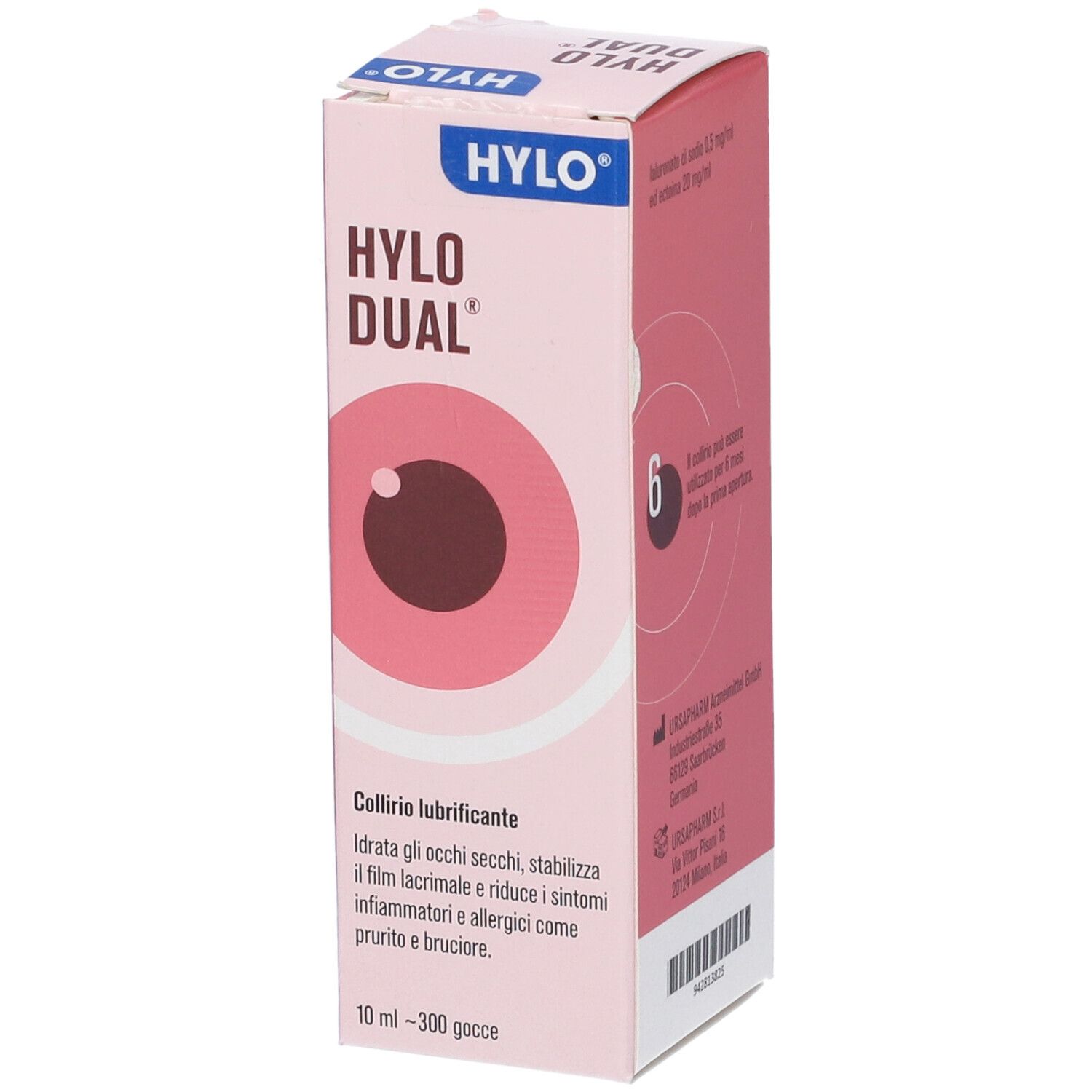 Confezione rosa con nome prodotto e illustrazione occhio. Testo: Collirio lubrificante. 10 ml - 300 gocce.