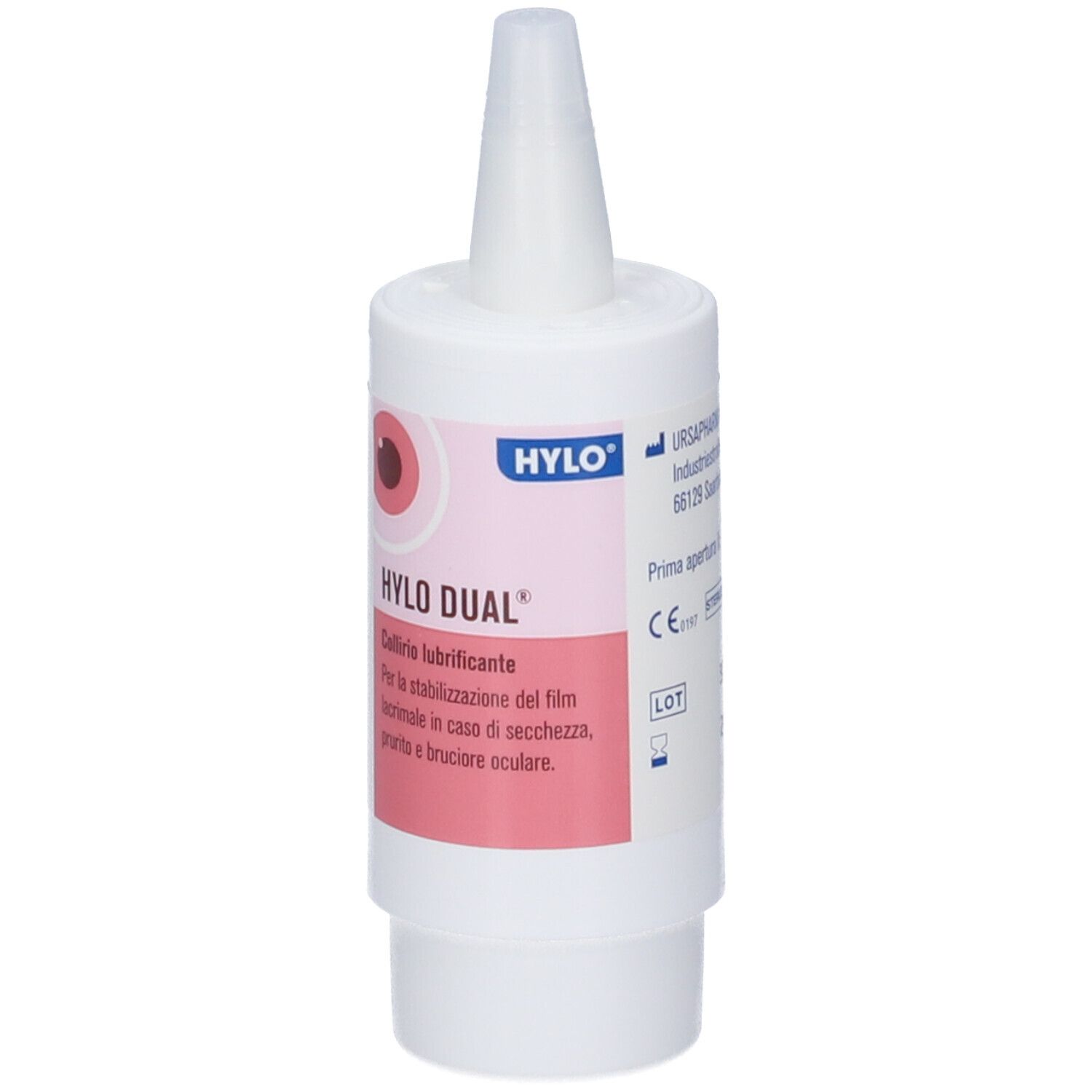 Flacone bianco con etichetta rosa. Nome prodotto e testo: Collirio lubrificante. Informazioni produttore sul retro.