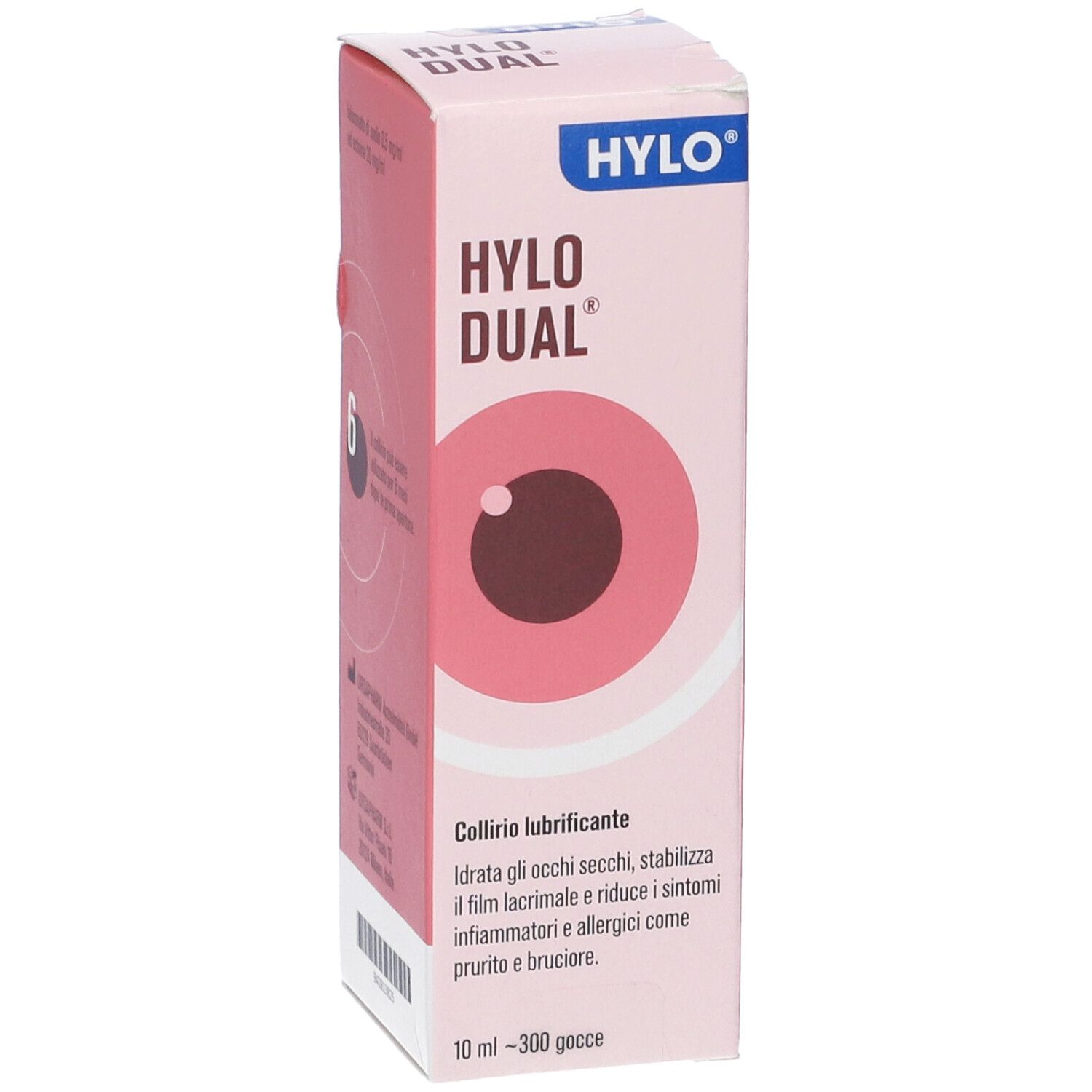 Confezione rosa con nome prodotto e illustrazione occhio. Testo: Collirio lubrificante. 10 ml - 300 gocce.