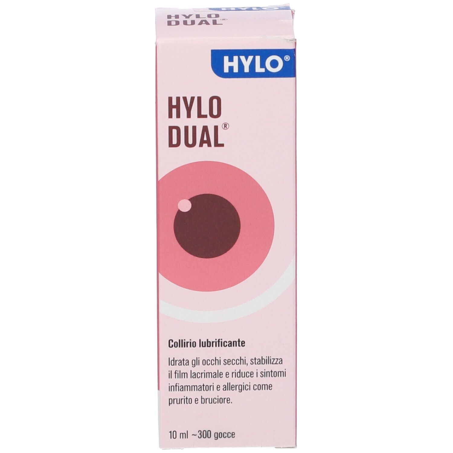 Confezione rosa con nome prodotto e illustrazione occhio. Testo: Collirio lubrificante. 10 ml - 300 gocce.