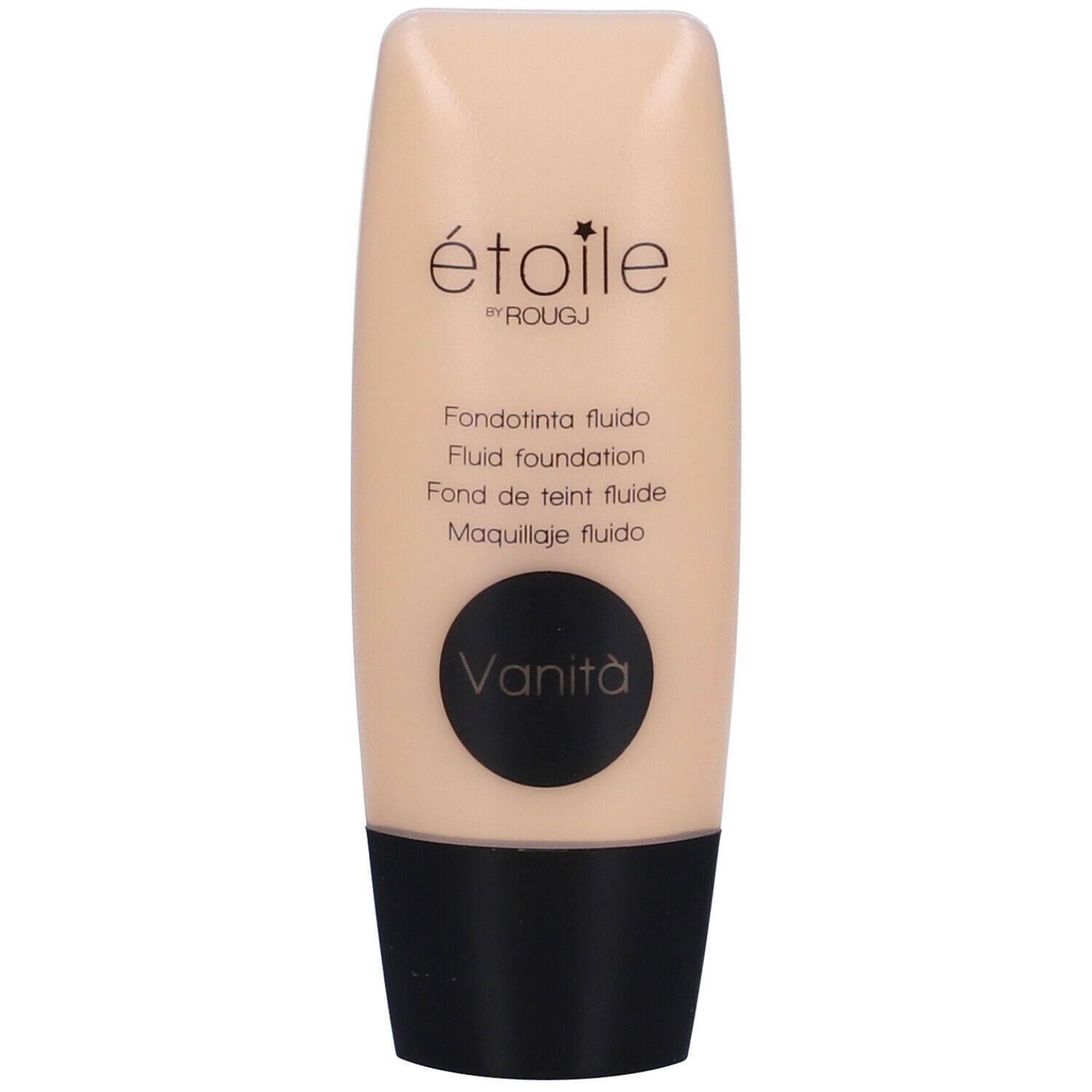 Tubo beige con tappo nero. Scritte: étoile by ROUGJ, Fondotinta fluido, Vanità.