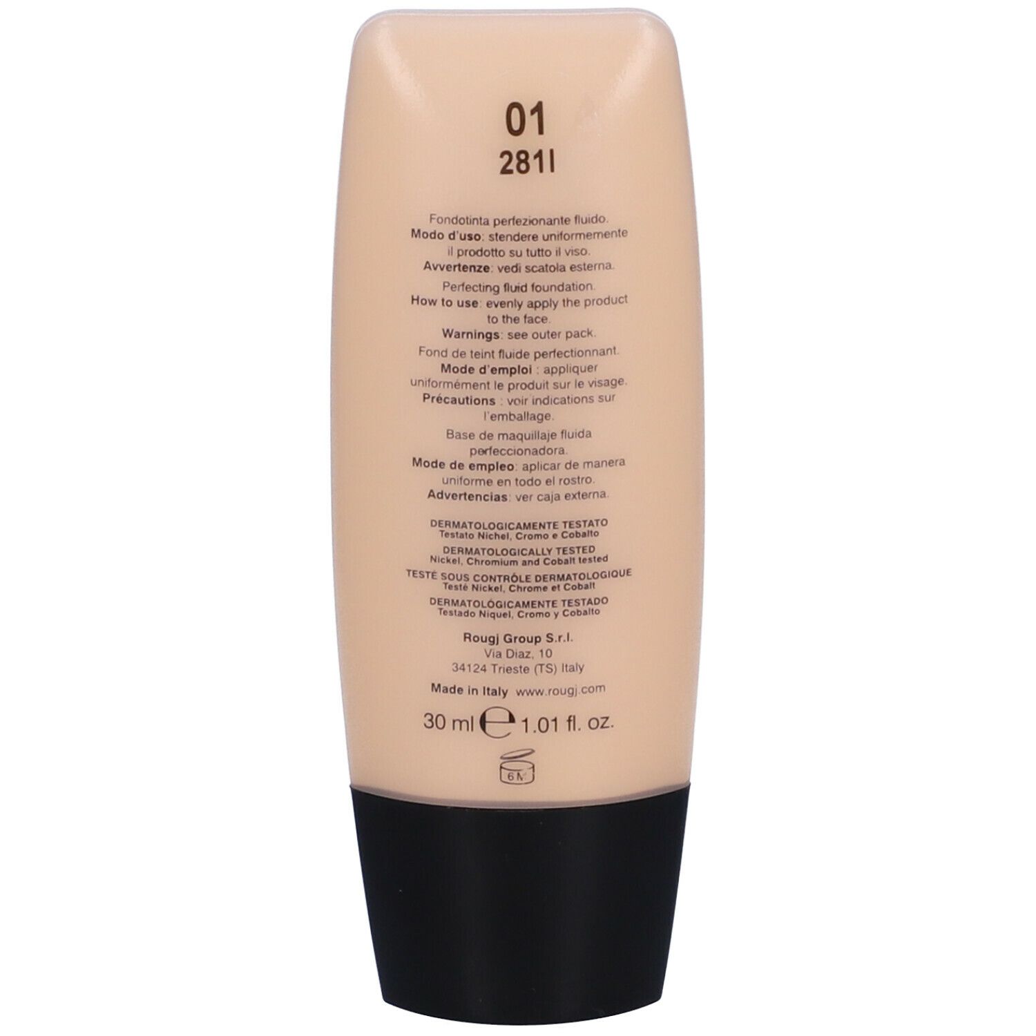 Retro del tubo. Scritte: 01, 2811, Fondotinta perfezionante fluido, 30 ml, 1.01 fl. oz.