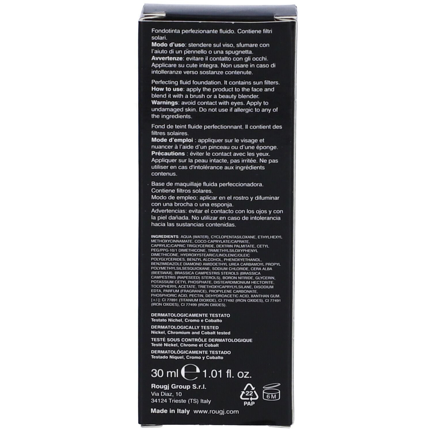 Retro della scatola. Testo multilingue. Ingredienti, istruzioni per l'uso, 30 ml, 1.01 fl. oz.