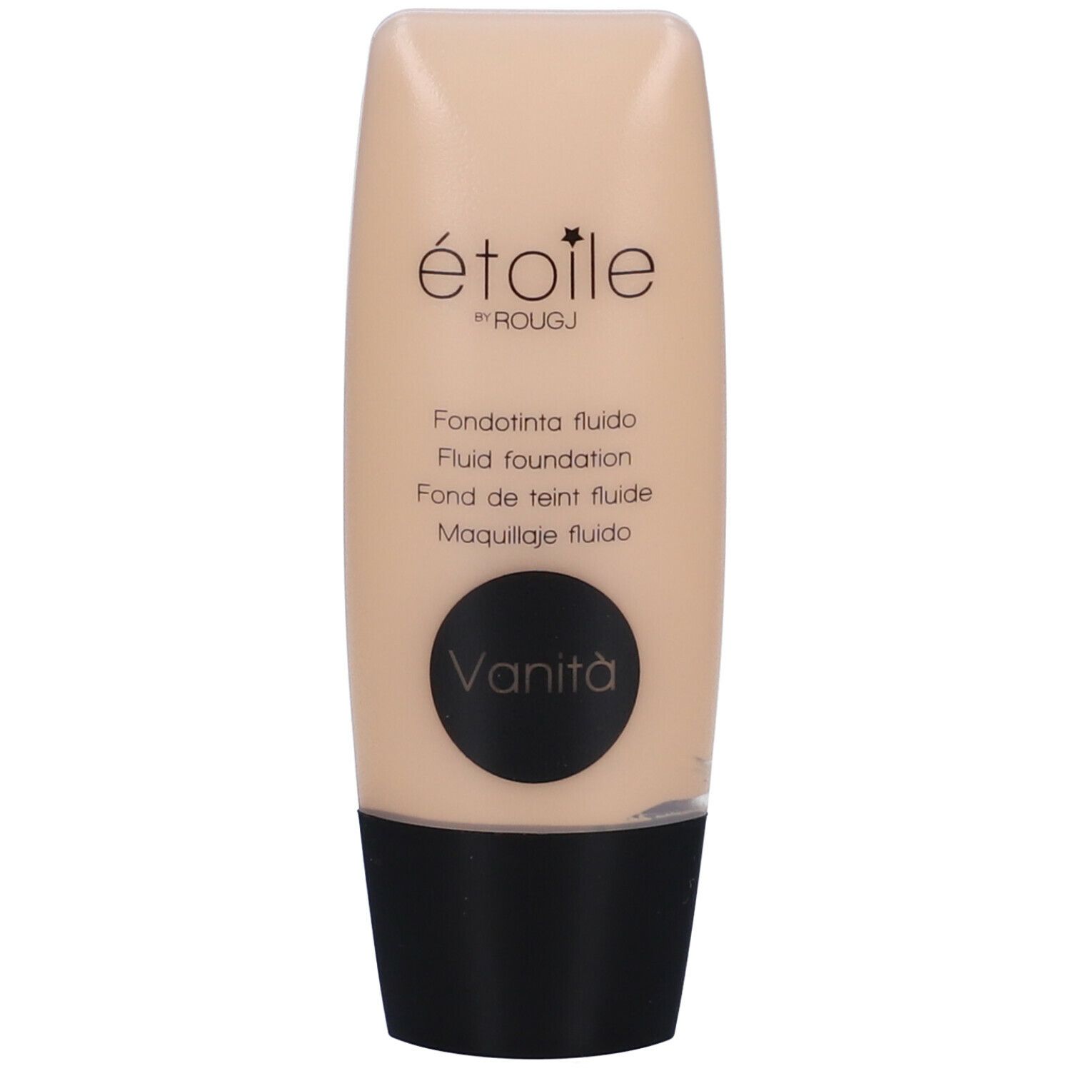 Tubo di fondotinta beige con tappo nero. Scritte: étoile by ROUGJ, Fondotinta fluido, Vanità.
