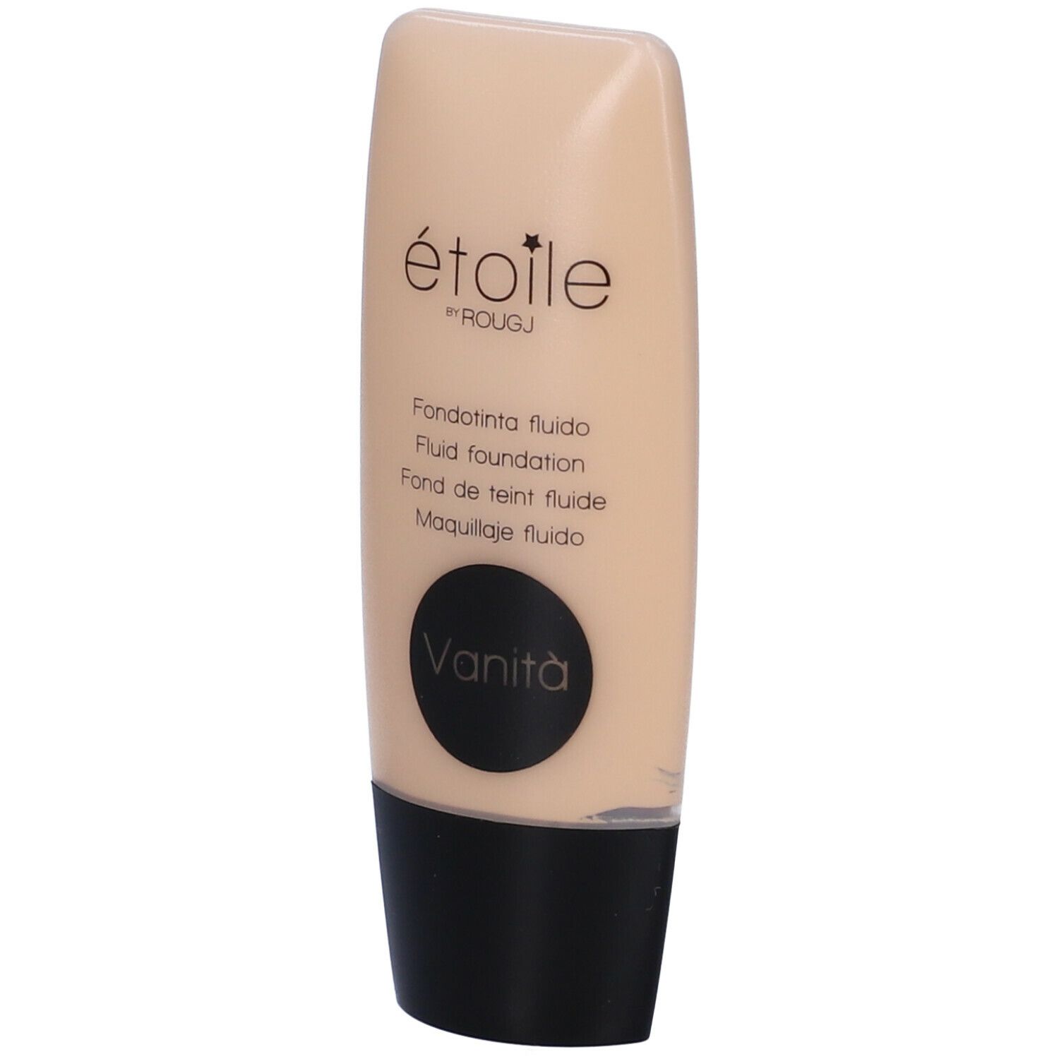 Tubo di fondotinta beige con tappo nero. Scritte: étoile by ROUGJ, Fondotinta fluido, Vanità.