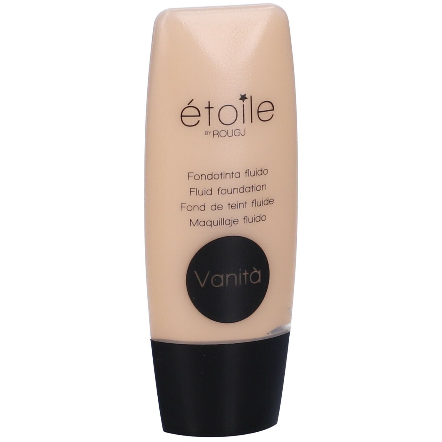 Tubo di fondotinta beige con tappo nero. Scritte: étoile by ROUGJ, Fondotinta fluido, Vanità.
