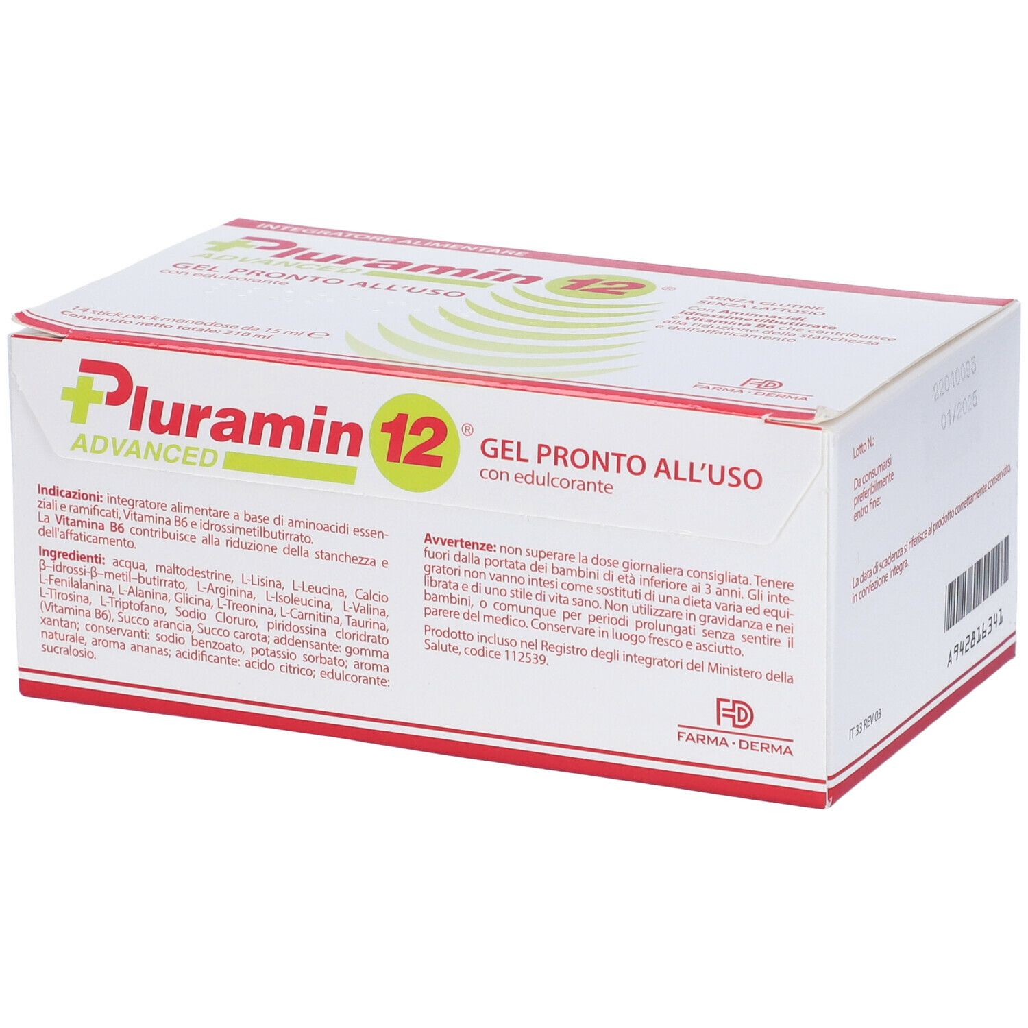 Scatola di Pluramin 12 Gel. Scritta: Gel pronto all'uso. Testo rosso e verde. Contiene 14 stick.