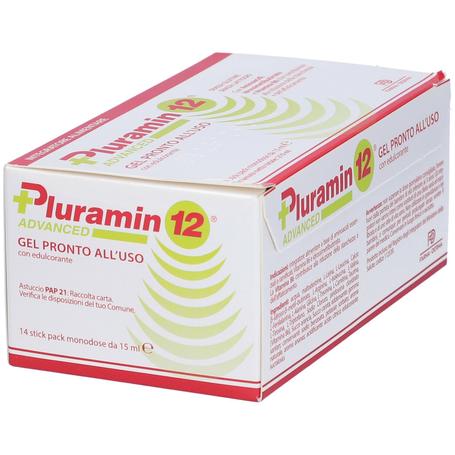 Scatola di Pluramin 12 Gel. Scritta: Gel pronto all'uso. Testo rosso e verde. 14 stick pack.