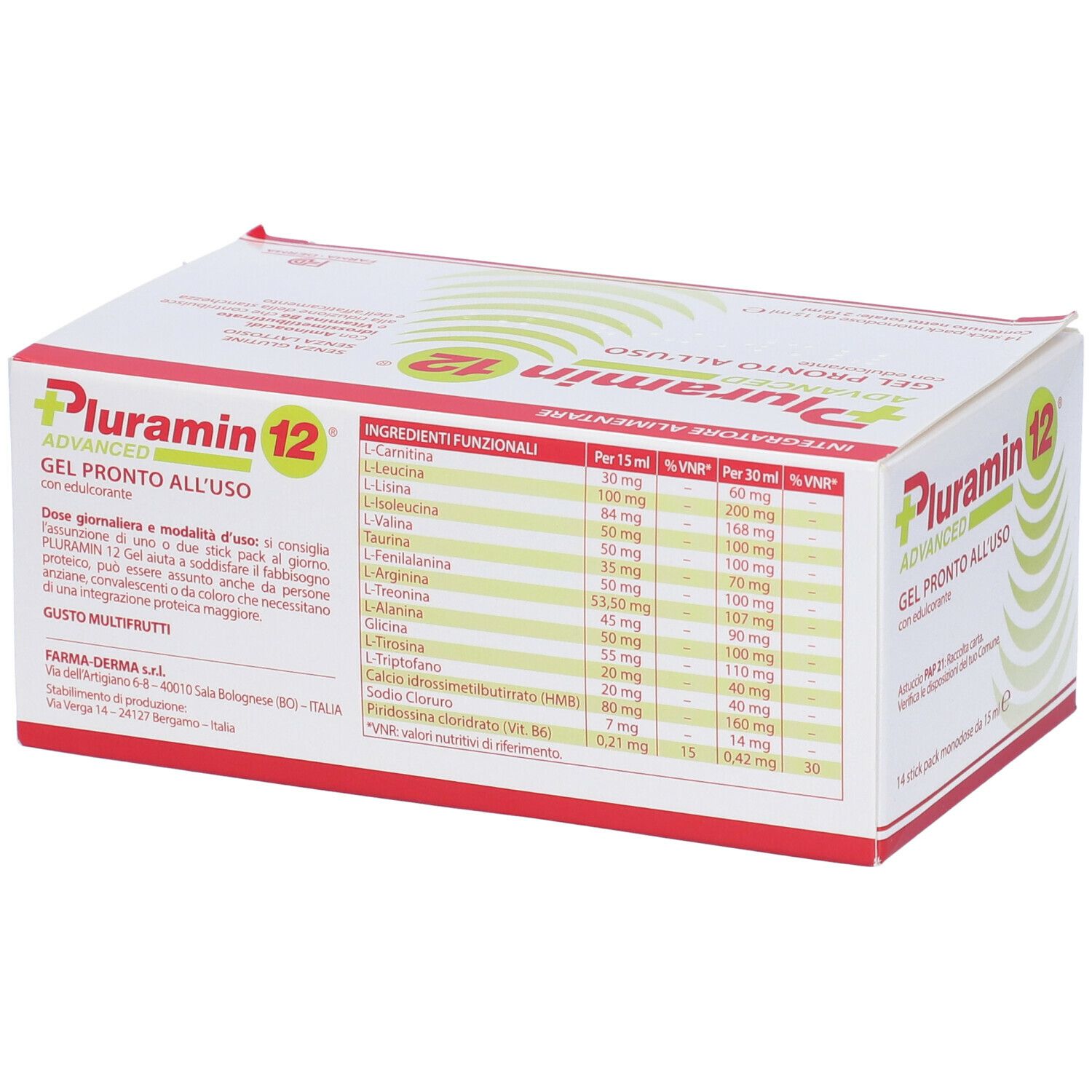 Scatola di Pluramin 12 Gel. Scritta: Gel pronto all'uso. Testo rosso e verde. Contiene ingredienti e valori nutrizionali.