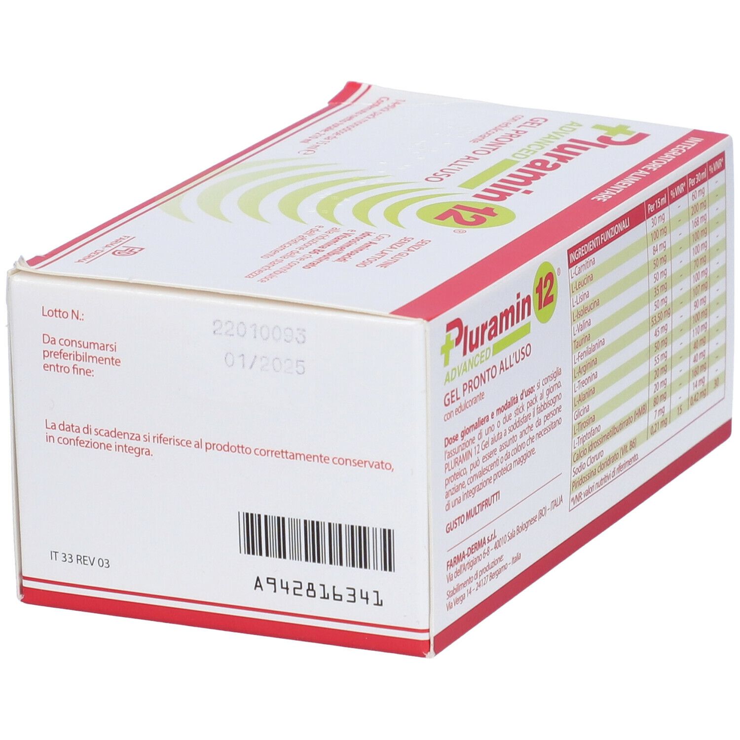 Scatola di Pluramin 12 Gel. Scritta: Gel pronto all'uso. Testo rosso e verde. Contiene data di scadenza e numero di lotto.