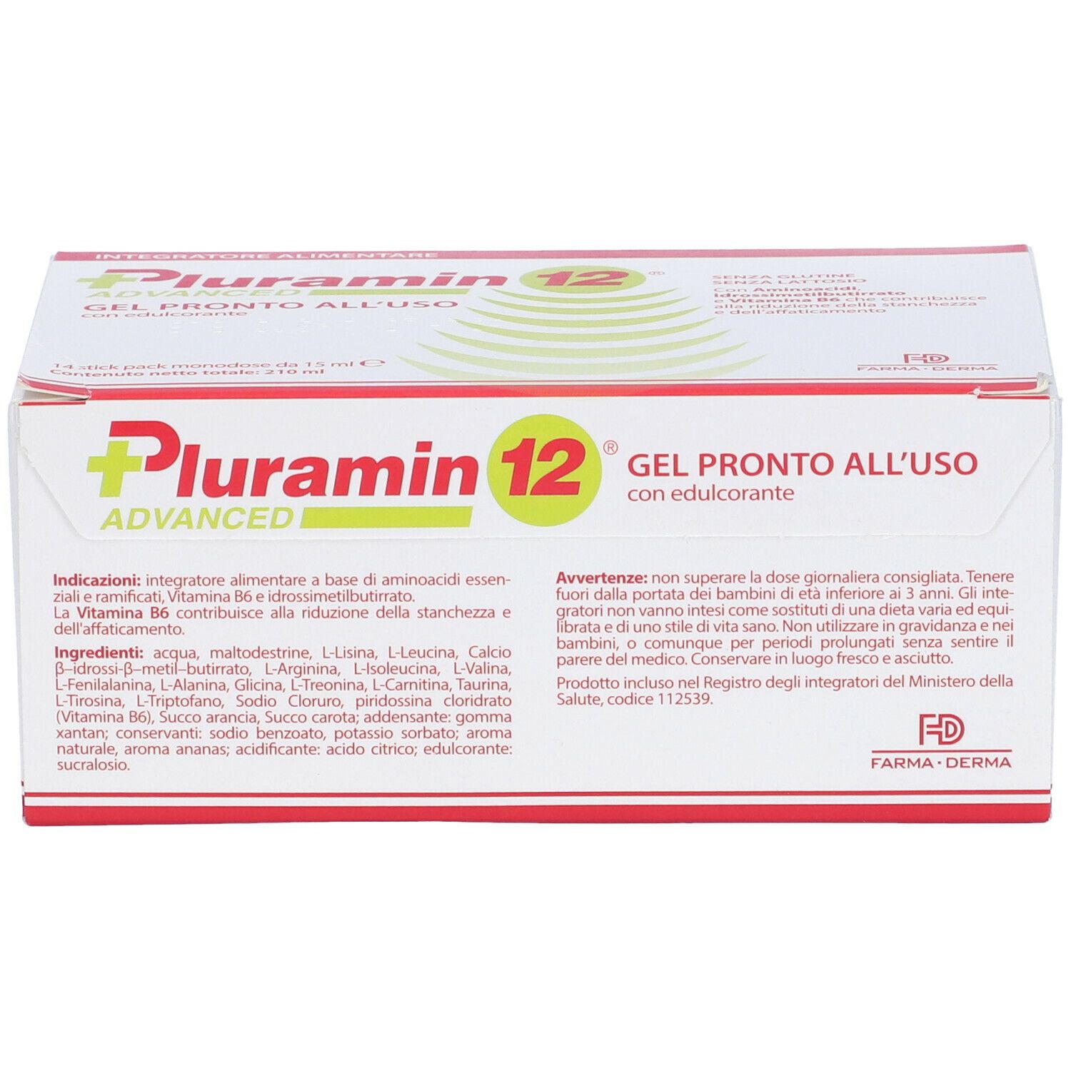 Scatola di Pluramin 12 Gel. Scritta: Gel pronto all'uso. Testo rosso e verde. Contiene ingredienti e avvertenze.