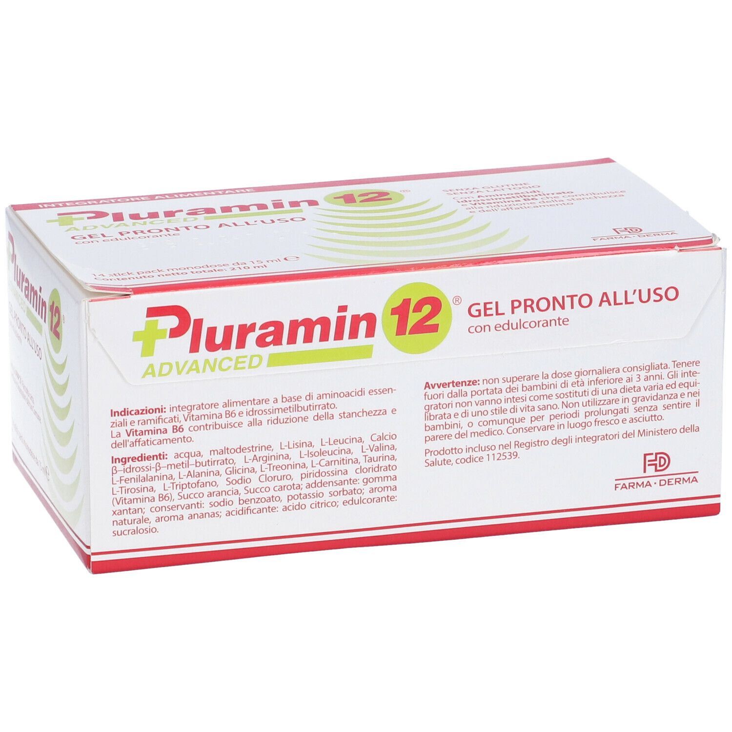 Scatola di Pluramin 12 Gel. Scritta: Gel pronto all'uso. Testo rosso e verde. Contiene ingredienti e avvertenze.