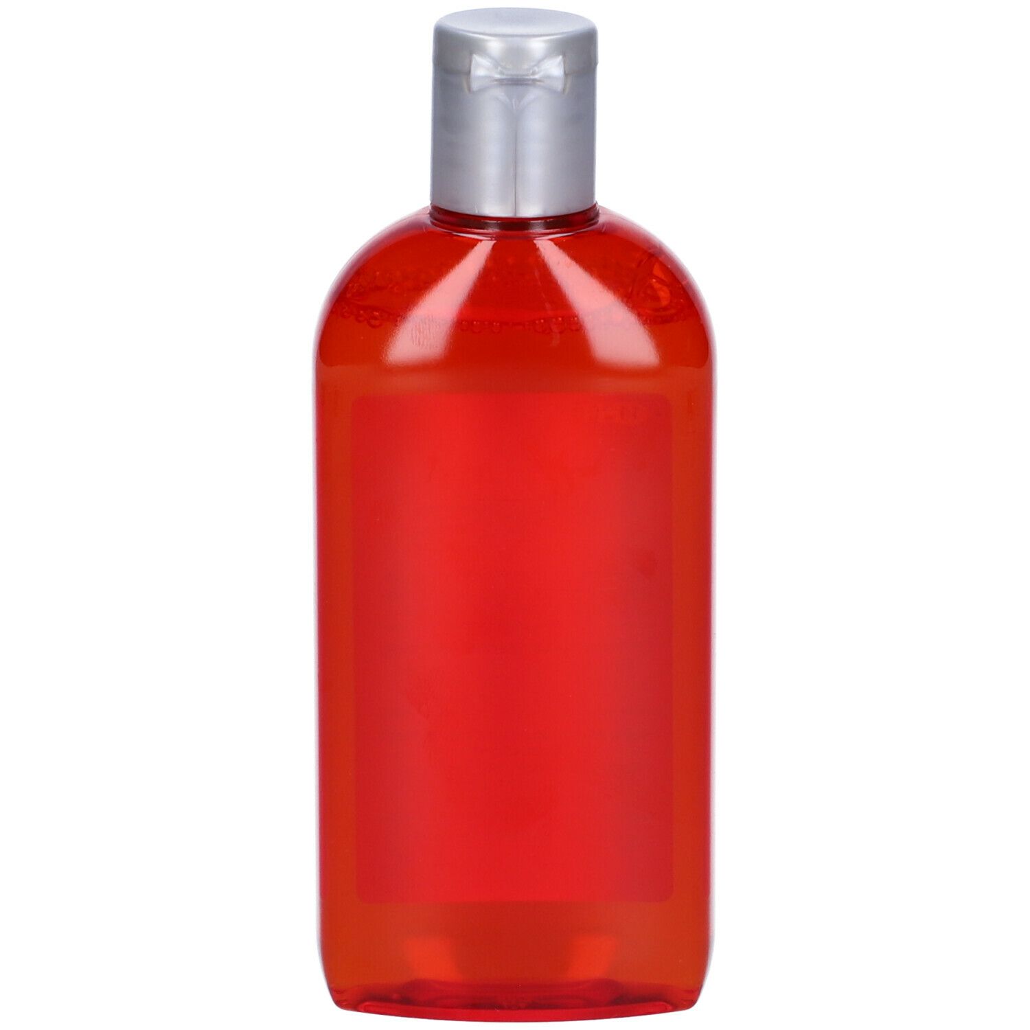 Flacone rosso trasparente con tappo argentato. Nome del prodotto non visibile.