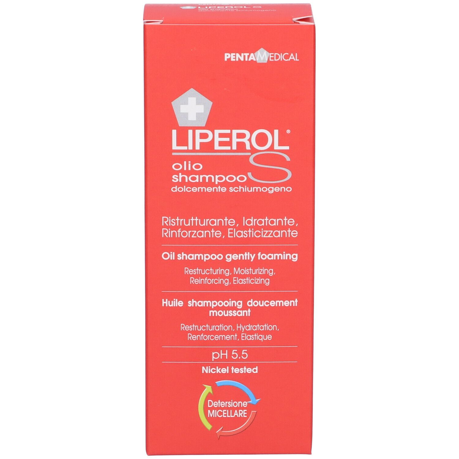 Scatola rossa. Scritta: Liperol S olio shampoo. pH 5.5. Nickel tested. Nome del prodotto visibile.
