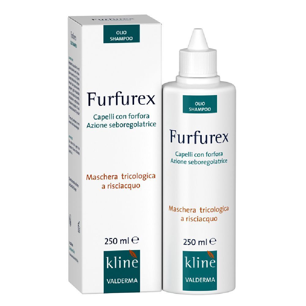 Flacone e confezione di shampoo Furfurex. Bianco, con nome del prodotto e informazioni sull'uso.