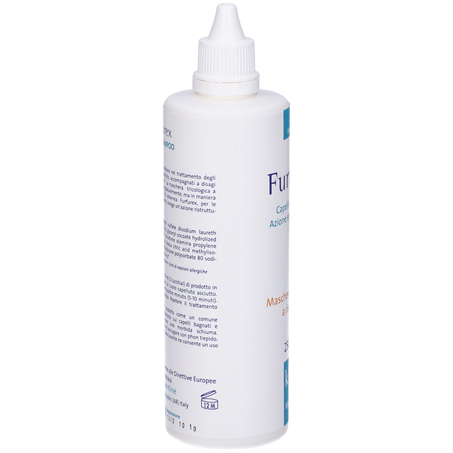 Flacone di shampoo Furfurex. Bianco, con nome del prodotto e informazioni. Tappo contagocce.
