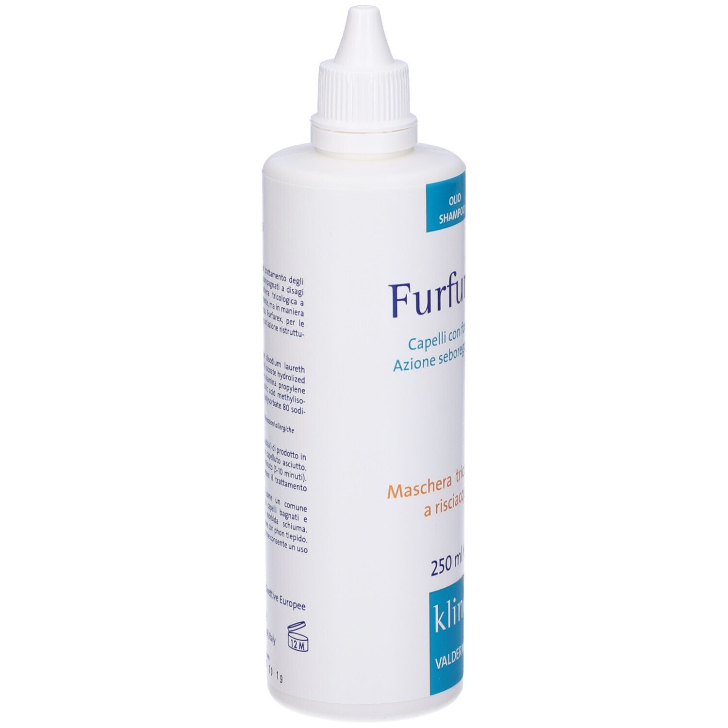 Flacone di shampoo Furfurex. Bianco, con nome del prodotto e informazioni. Tappo contagocce.