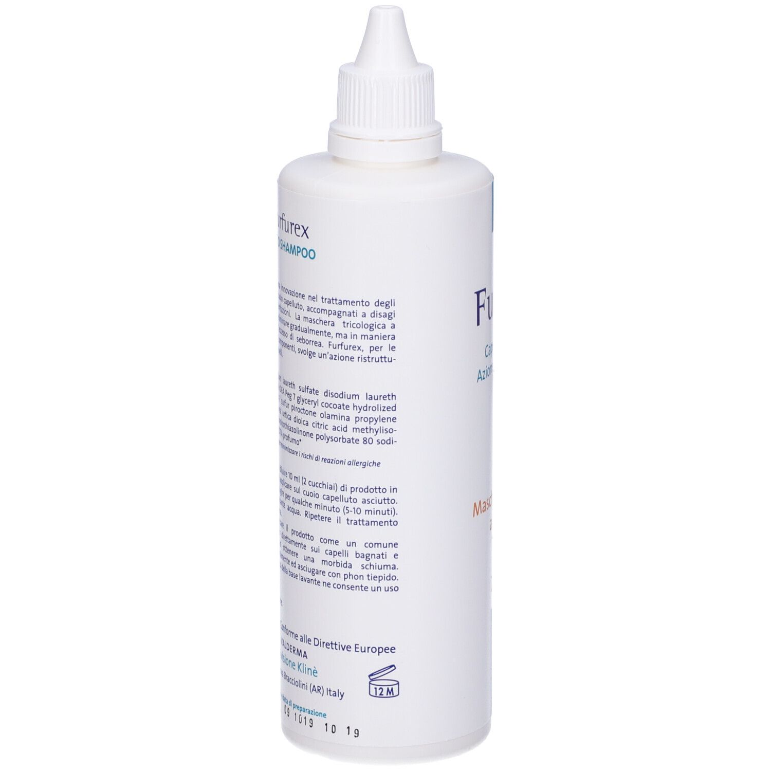Flacone di shampoo Furfurex. Bianco, con nome del prodotto e informazioni. Tappo contagocce.